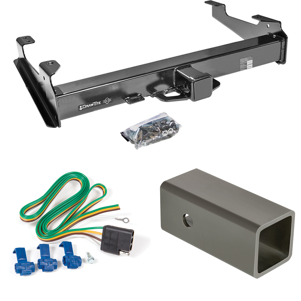 Fits 2001-2002 GMC Sierra 3500 Trailer Hitch Tow PKG w/ 4-Flat Wiring Harness + 2-1/2" to 2" Adapter 6" Length By Draw-Tite