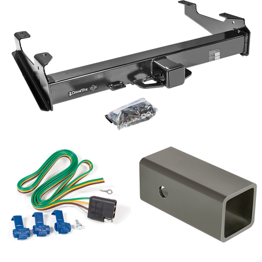 Fits 2001-2002 GMC Sierra 3500 Trailer Hitch Tow PKG w/ 4-Flat Wiring Harness + 2-1/2" to 2" Adapter 6" Length By Draw-Tite