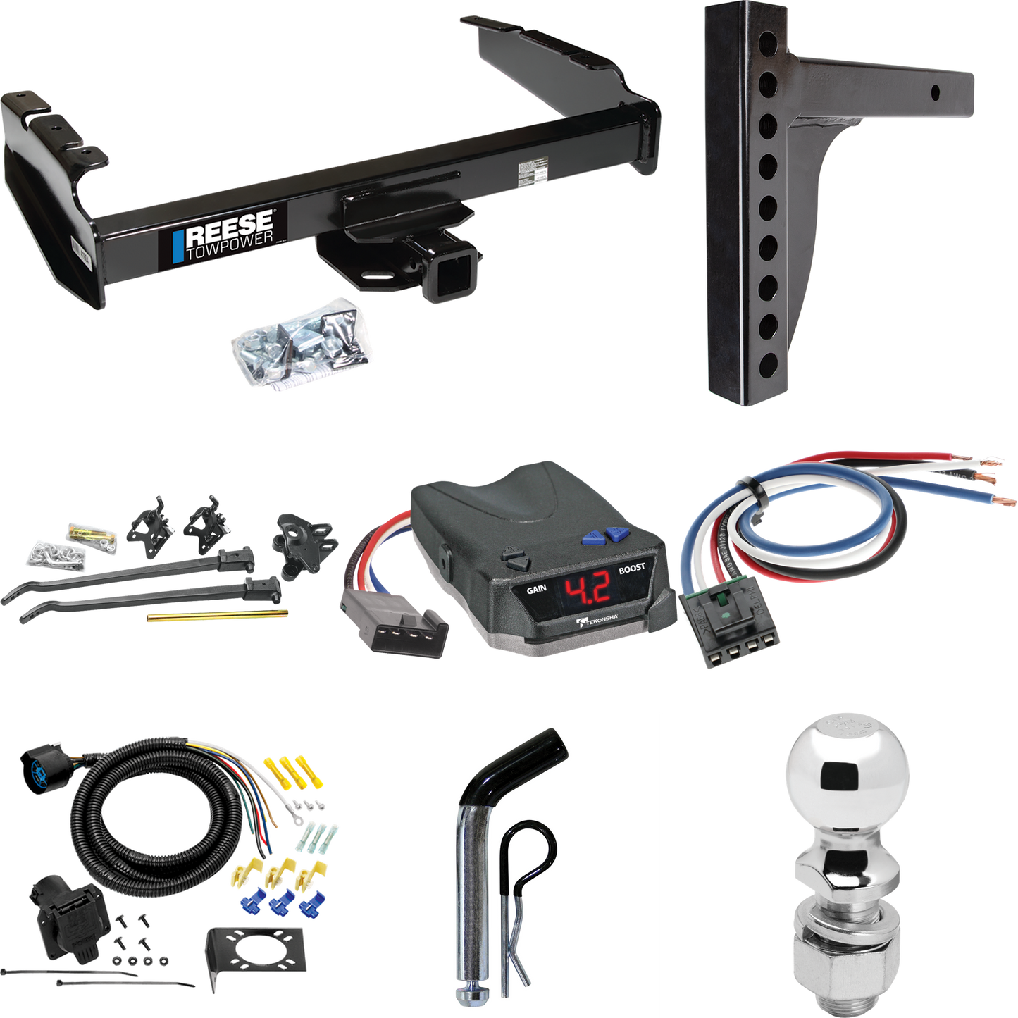 Fits 1980-1983 Ford F-100 Trailer Hitch Tow PKG w/ 12K Trunnion Bar Weight Distribution Hitch + Pin/Clip + 2-5/16" Ball + Tekonsha BRAKE-EVN Brake Control + Generic BC Wiring Adapter + 7-Way RV Wiring (Excludes: w/Custom Fascia Models) By Reese Towpo