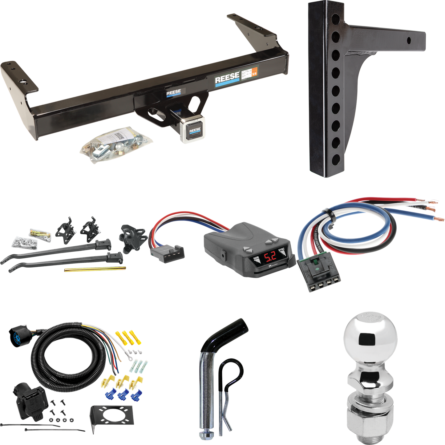 Fits 1980-1986 Ford F-250 Trailer Hitch Tow PKG w/ 12K Trunnion Bar Weight Distribution Hitch + Pin/Clip + 2-5/16" Ball + Tekonsha Brakeman IV Brake Control + Generic BC Wiring Adapter + 7-Way RV Wiring (Excludes: w/Custom Fascia Models) By Reese Tow