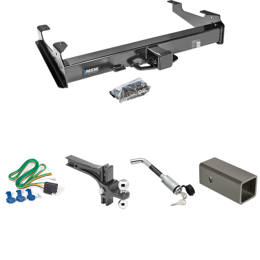 Fits 2003-2007 GMC Sierra 3500 Trailer Hitch Tow PKG w/ 4-Flat Wiring Harness + 2-1/2" to 2" Adapter 6" Length + Adjustable Drop Rise Dual Ball Ball Mount 2" & 2-5/16" Trailer Balls + Hitch Lock (For (Classic) Models) By Reese Towpower