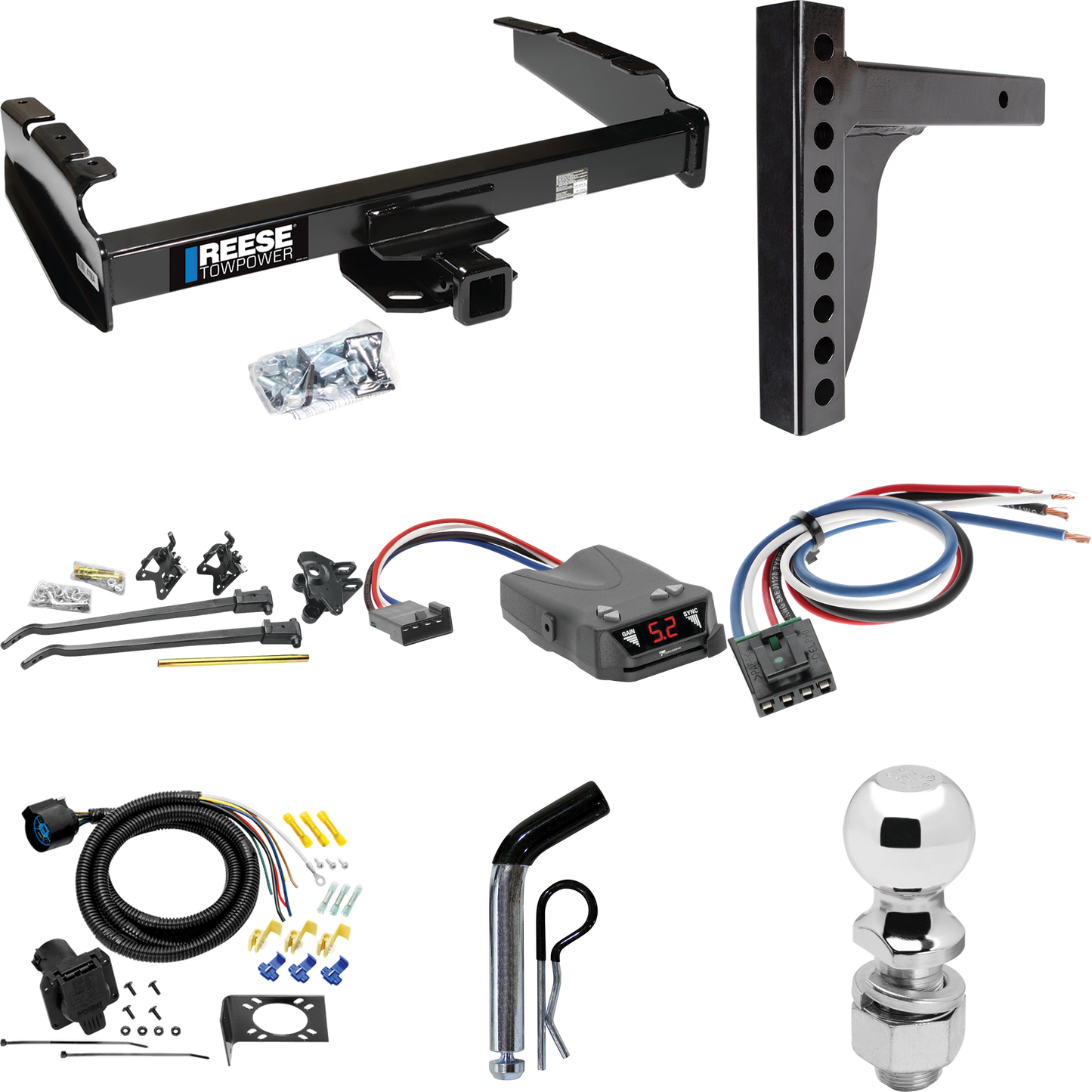 Fits 1980-1986 Ford F-250 Trailer Hitch Tow PKG w/ 12K Trunnion Bar Weight Distribution Hitch + Pin/Clip + 2-5/16" Ball + Tekonsha Brakeman IV Brake Control + Generic BC Wiring Adapter + 7-Way RV Wiring (Excludes: w/Custom Fascia Models) By Reese Tow