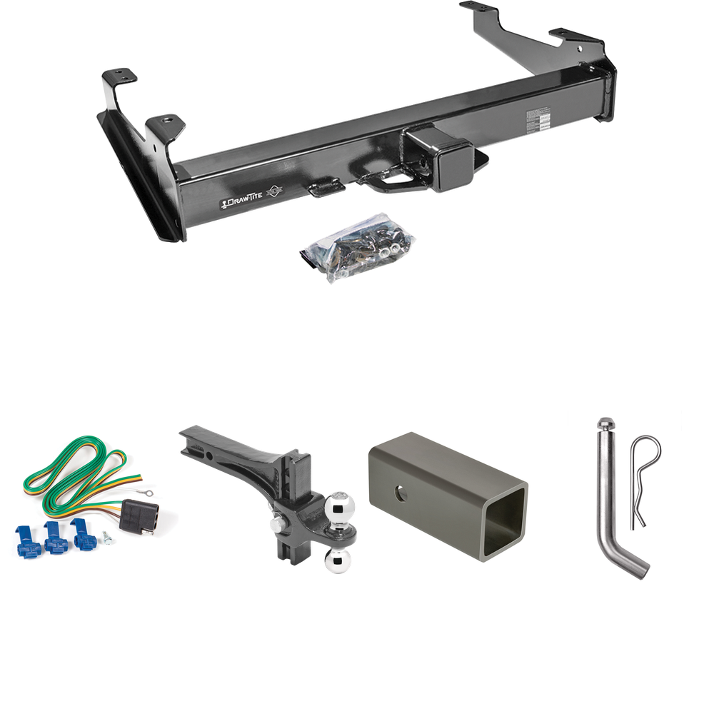 Fits 2001-2002 GMC Sierra 3500 Trailer Hitch Tow PKG w/ 4-Flat Wiring Harness + 2-1/2" to 2" Adapter 6" Length + Adjustable Drop Rise Dual Ball Ball Mount 2" & 2-5/16" Trailer Balls + Pin/Clip By Draw-Tite