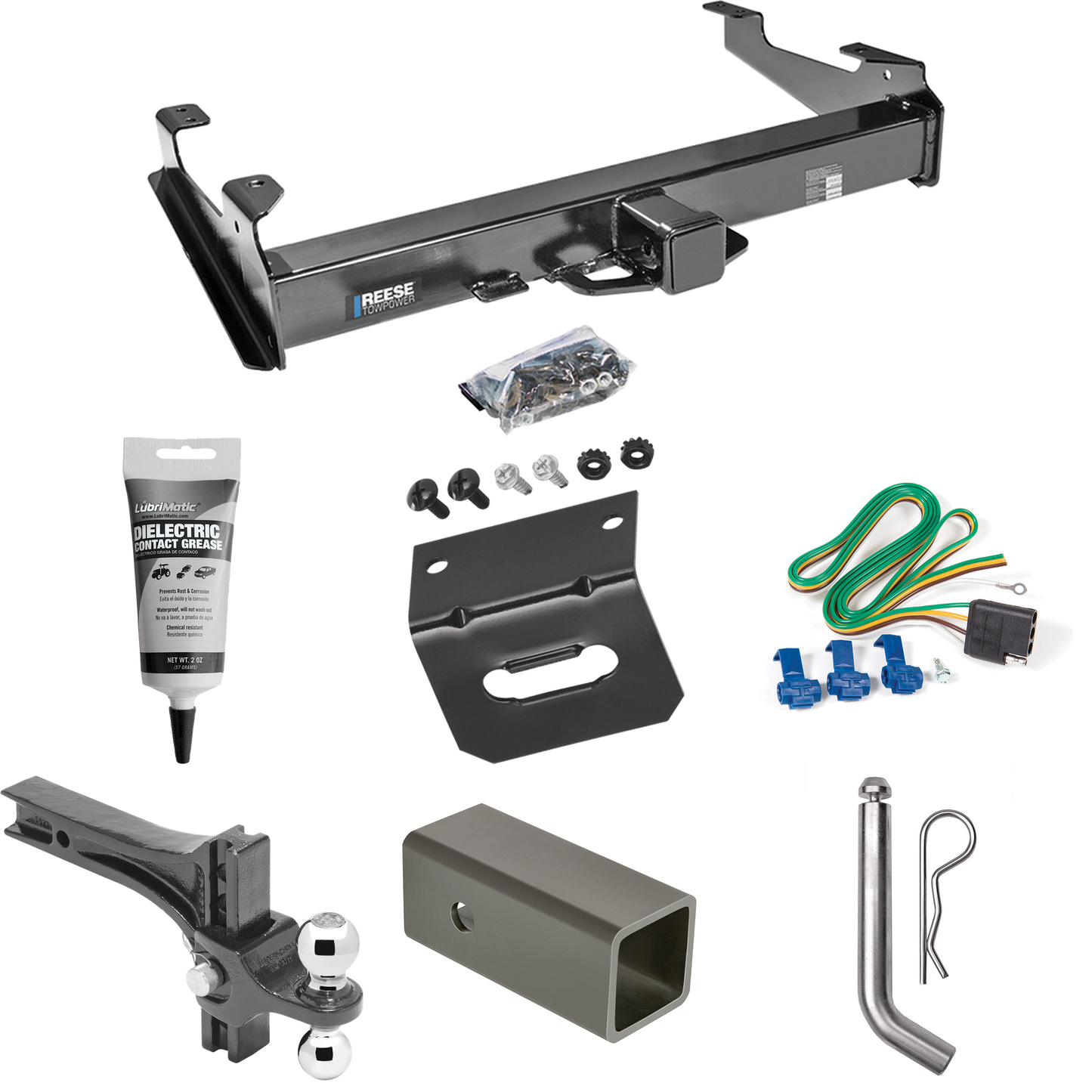 Fits 2001-2006 GMC Sierra 2500 HD Trailer Hitch Tow PKG w/ 4-Flat Wiring Harness + 2-1/2" to 2" Adapter 6" Length + Adjustable Drop Rise Dual Ball Ball Mount 2" & 2-5/16" Trailer Balls + Pin/Clip + Wiring Bracket + Electric Grease (For 8 ft. Bed Mode