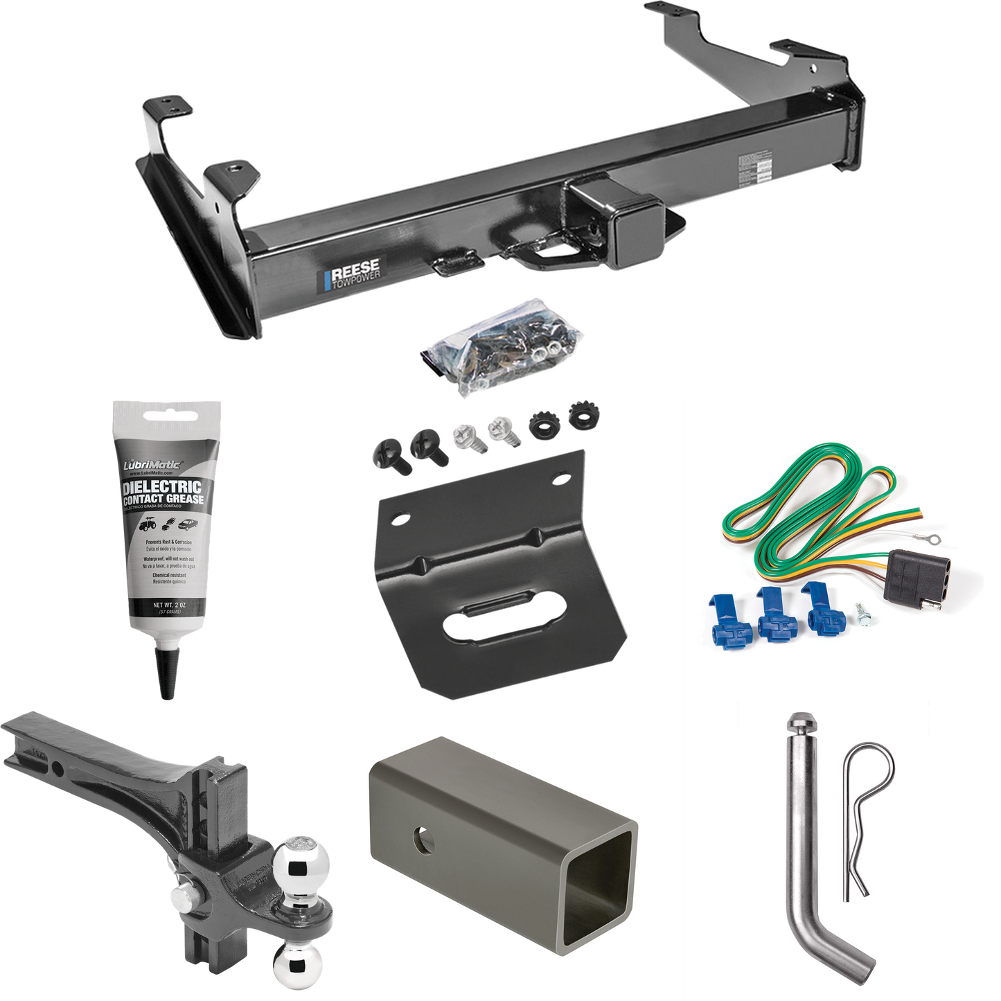 Fits 2001-2002 Chevrolet Silverado 2500 HD Trailer Hitch Tow PKG w/ 4-Flat Wiring Harness + 2-1/2" to 2" Adapter 6" Length + Adjustable Drop Rise Dual Ball Ball Mount 2" & 2-5/16" Trailer Balls + Pin/Clip + Wiring Bracket + Electric Grease (For 8 ft.