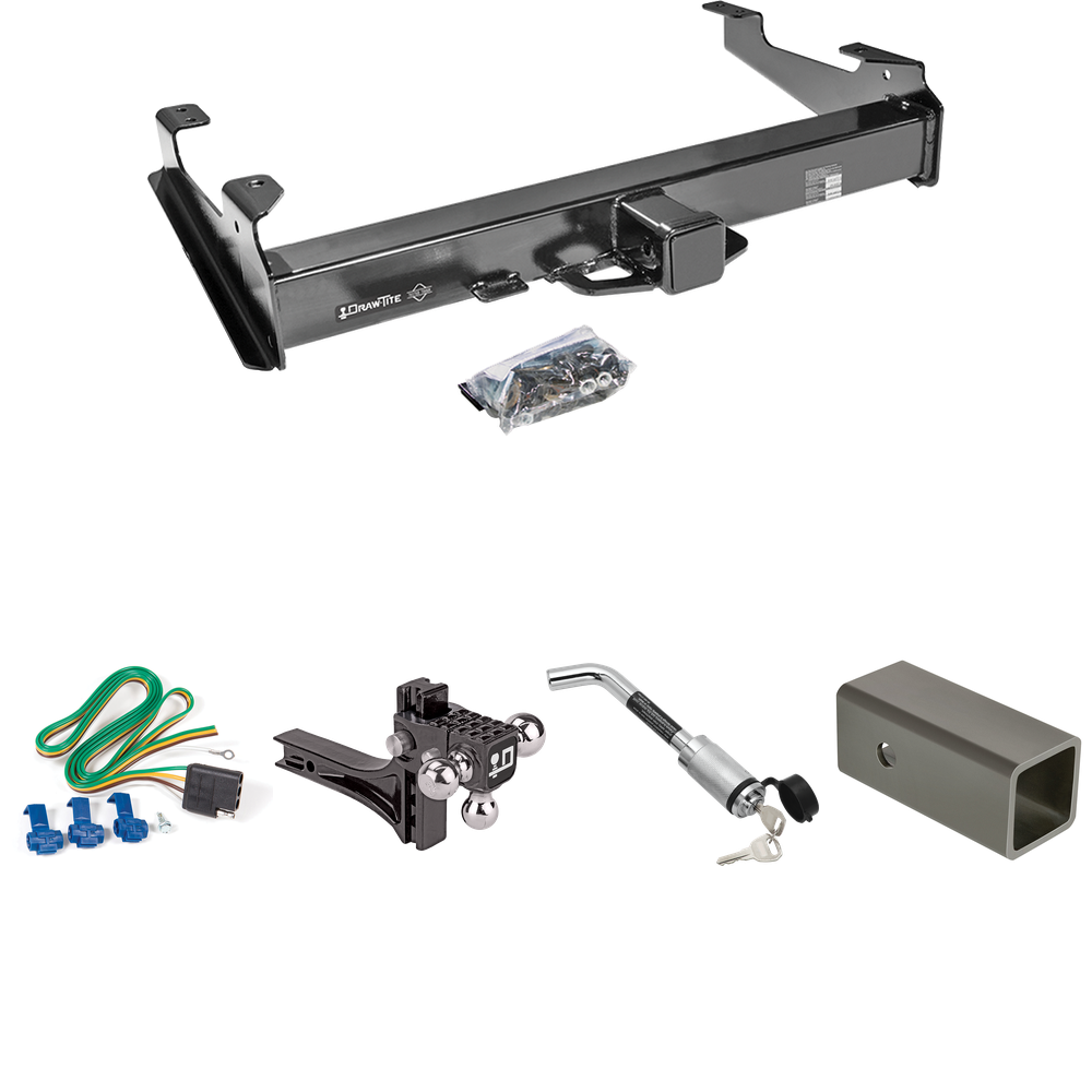 Fits 2003-2007 GMC Sierra 3500 Trailer Hitch Tow PKG w/ 4-Flat Wiring Harness + 2-1/2" to 2" Adapter 6" Length + Adjustable Drop Rise Triple Ball Ball Mount 1-7/8" & 2" & 2-5/16" Trailer Balls + Hitch Lock (For (Classic) Models) By Draw-Tite