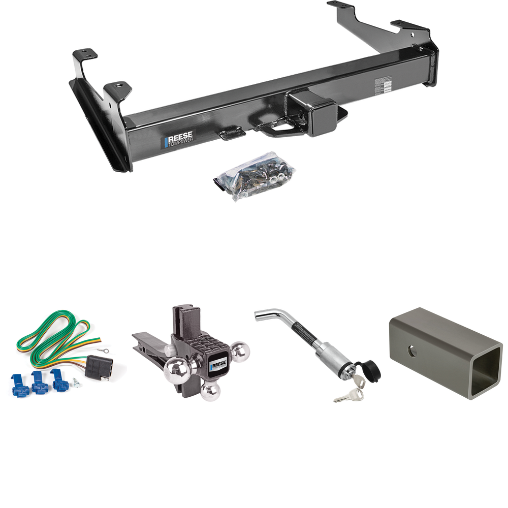 Fits 2003-2007 GMC Sierra 3500 Trailer Hitch Tow PKG w/ 4-Flat Wiring Harness + 2-1/2" to 2" Adapter 6" Length + Adjustable Drop Rise Triple Ball Ball Mount 1-7/8" & 2" & 2-5/16" Trailer Balls + Hitch Lock (For (Classic) Models) By Reese Towpower