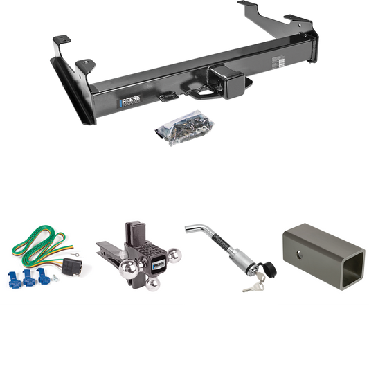 Fits 2003-2007 GMC Sierra 3500 Trailer Hitch Tow PKG w/ 4-Flat Wiring Harness + 2-1/2" to 2" Adapter 6" Length + Adjustable Drop Rise Triple Ball Ball Mount 1-7/8" & 2" & 2-5/16" Trailer Balls + Hitch Lock (For (Classic) Models) By Reese Towpower