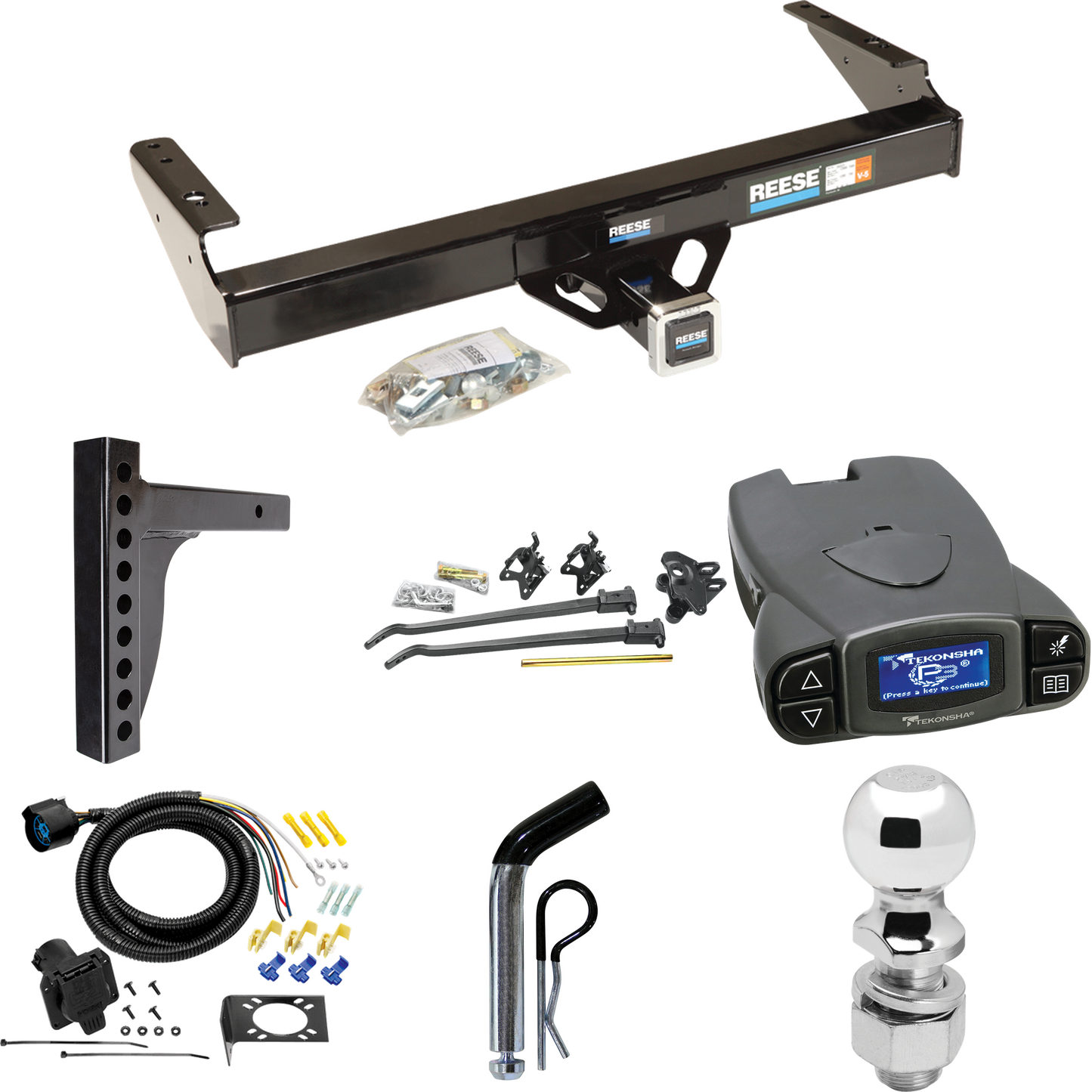 Fits 1980-1983 Ford F-100 Trailer Hitch Tow PKG w/ 12K Trunnion Bar Weight Distribution Hitch + Pin/Clip + 2-5/16" Ball + Tekonsha Prodigy P3 Brake Control + 7-Way RV Wiring (Excludes: w/Custom Fascia Models) By Reese Towpower