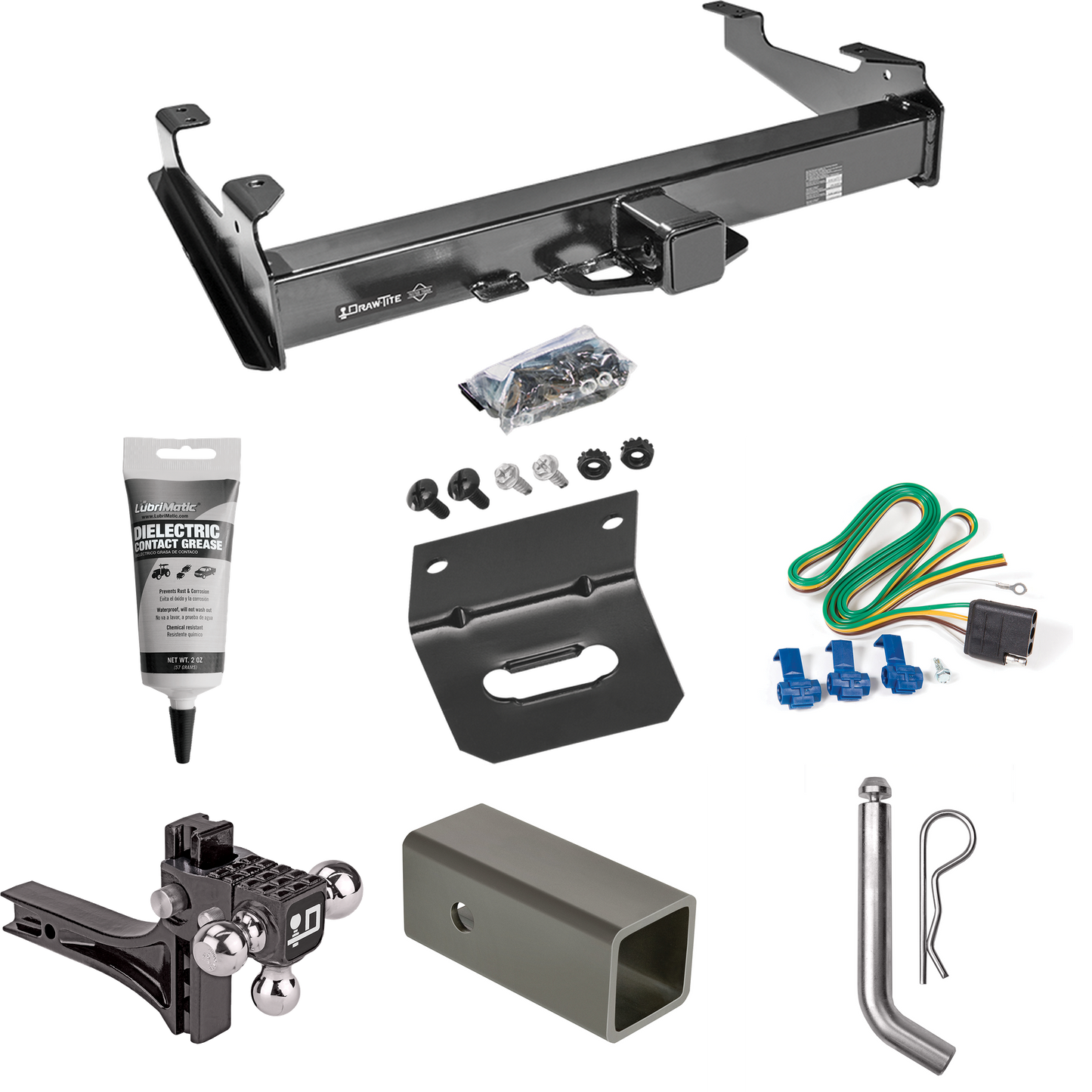 Fits 2003-2007 GMC Sierra 3500 Trailer Hitch Tow PKG w/ 4-Flat Wiring Harness + 2-1/2" to 2" Adapter 6" Length + Adjustable Drop Rise Triple Ball Ball Mount 1-7/8" & 2" & 2-5/16" Trailer Balls + Pin/Clip + Wiring Bracket + Electric Grease (For (Class