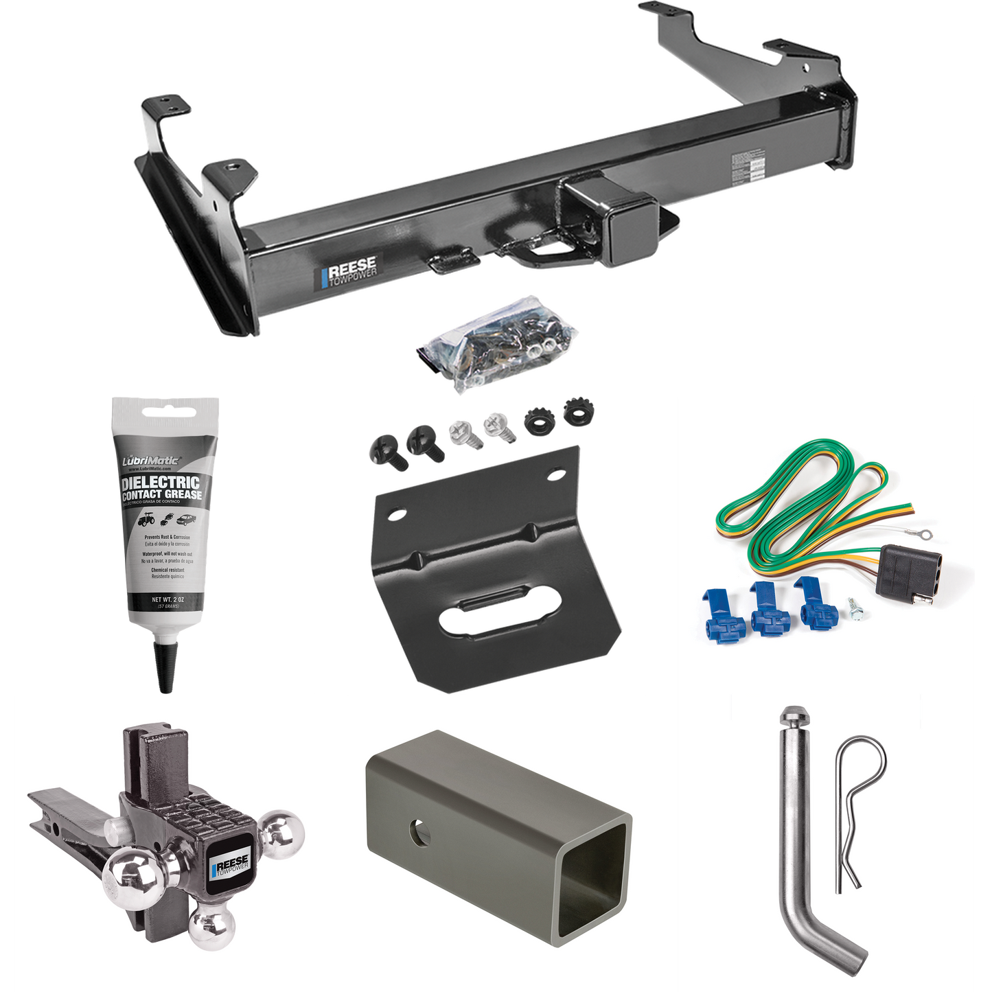 Fits 2003-2007 GMC Sierra 3500 Trailer Hitch Tow PKG w/ 4-Flat Wiring Harness + 2-1/2" to 2" Adapter 6" Length + Adjustable Drop Rise Triple Ball Ball Mount 1-7/8" & 2" & 2-5/16" Trailer Balls + Pin/Clip + Wiring Bracket + Electric Grease (For (Class