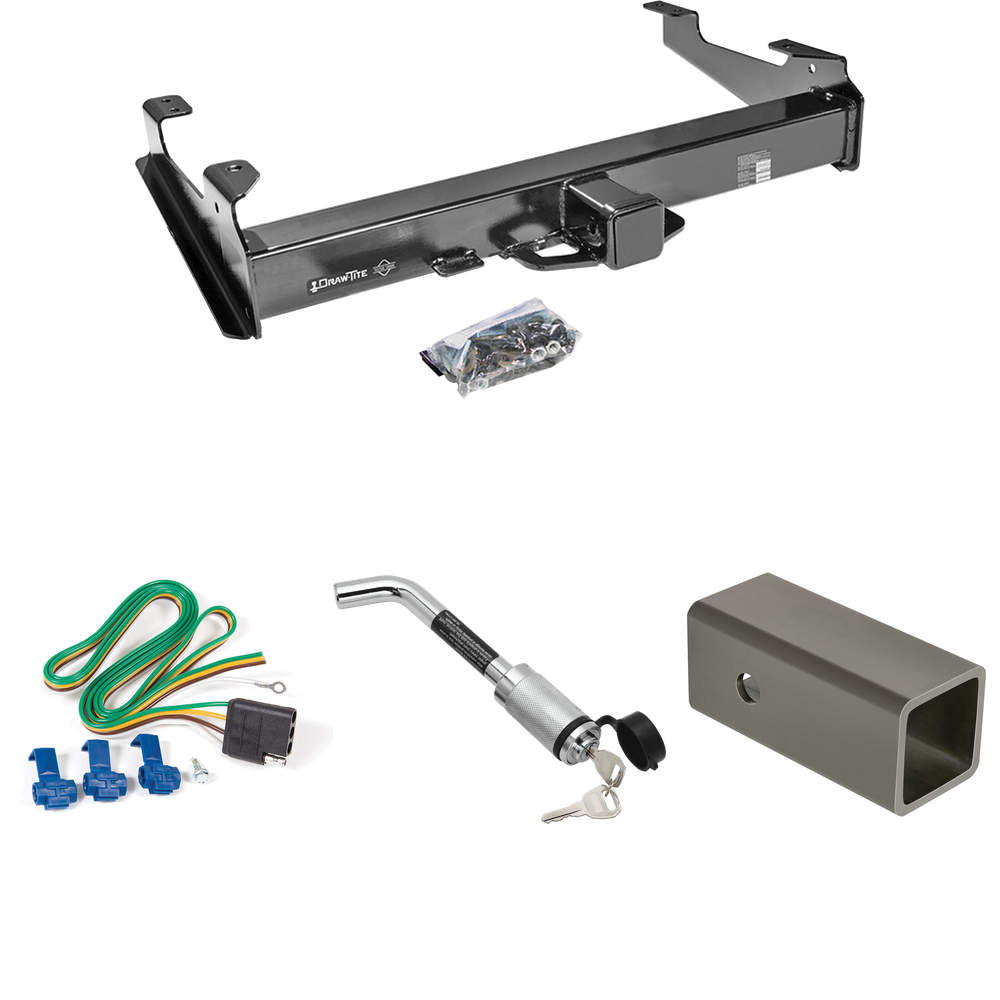 Fits 2001-2006 GMC Sierra 2500 HD Trailer Hitch Tow PKG w/ 4-Flat Wiring Harness + 2-1/2" to 2" Adapter 6" Length + Hitch Lock (For 8 ft. Bed Models) By Draw-Tite