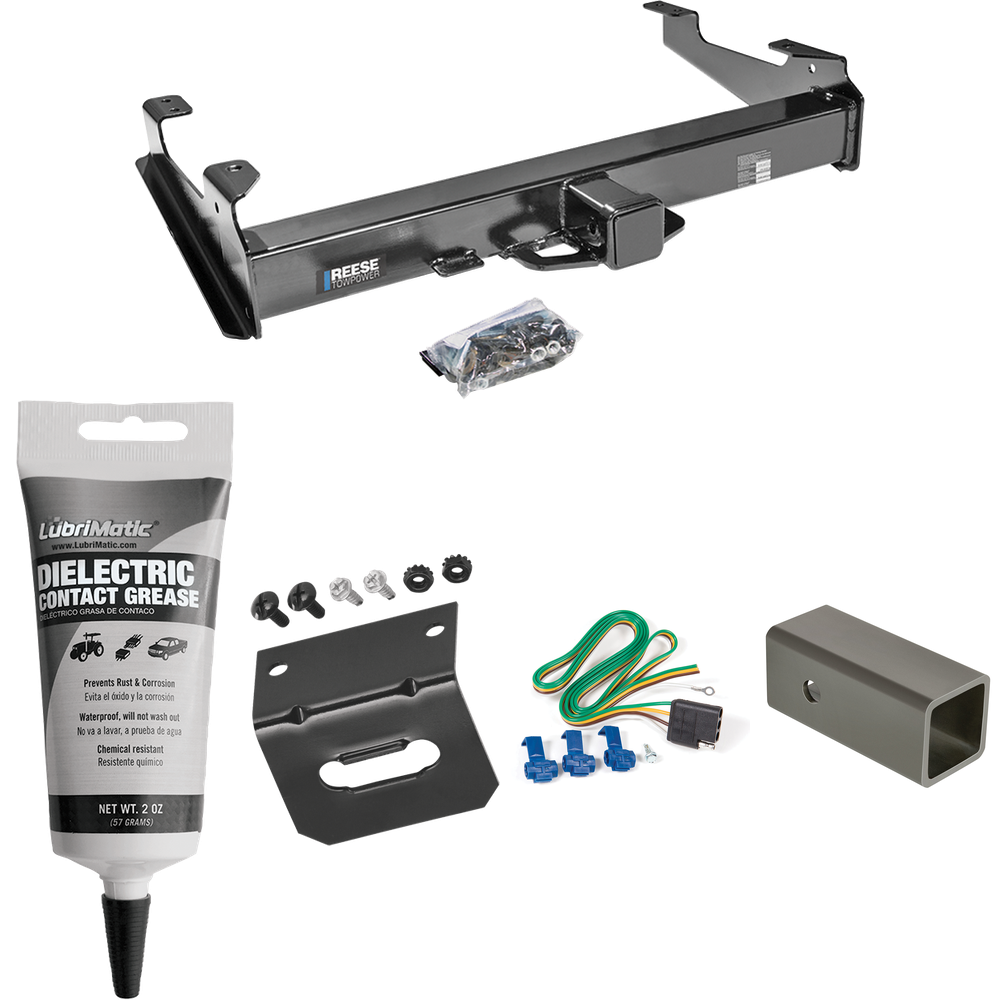 Se adapta al paquete de remolque con enganche para remolque GMC Sierra 3500 2003-2007 con arnés de cableado plano de 4 + adaptador de 2-1/2" a 2" de 6" de longitud + soporte de cableado + grasa eléctrica (para modelos (clásicos)) de Reese Towpower