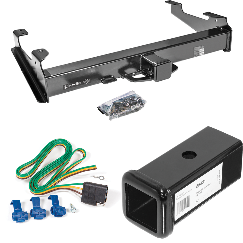 Fits 2001-2002 Chevrolet Silverado 2500 HD Trailer Hitch Tow PKG w/ 4-Flat Wiring Harness + 2-1/2" to 2" Adapter 7" Length (For 8 ft. Bed Models) By Draw-Tite