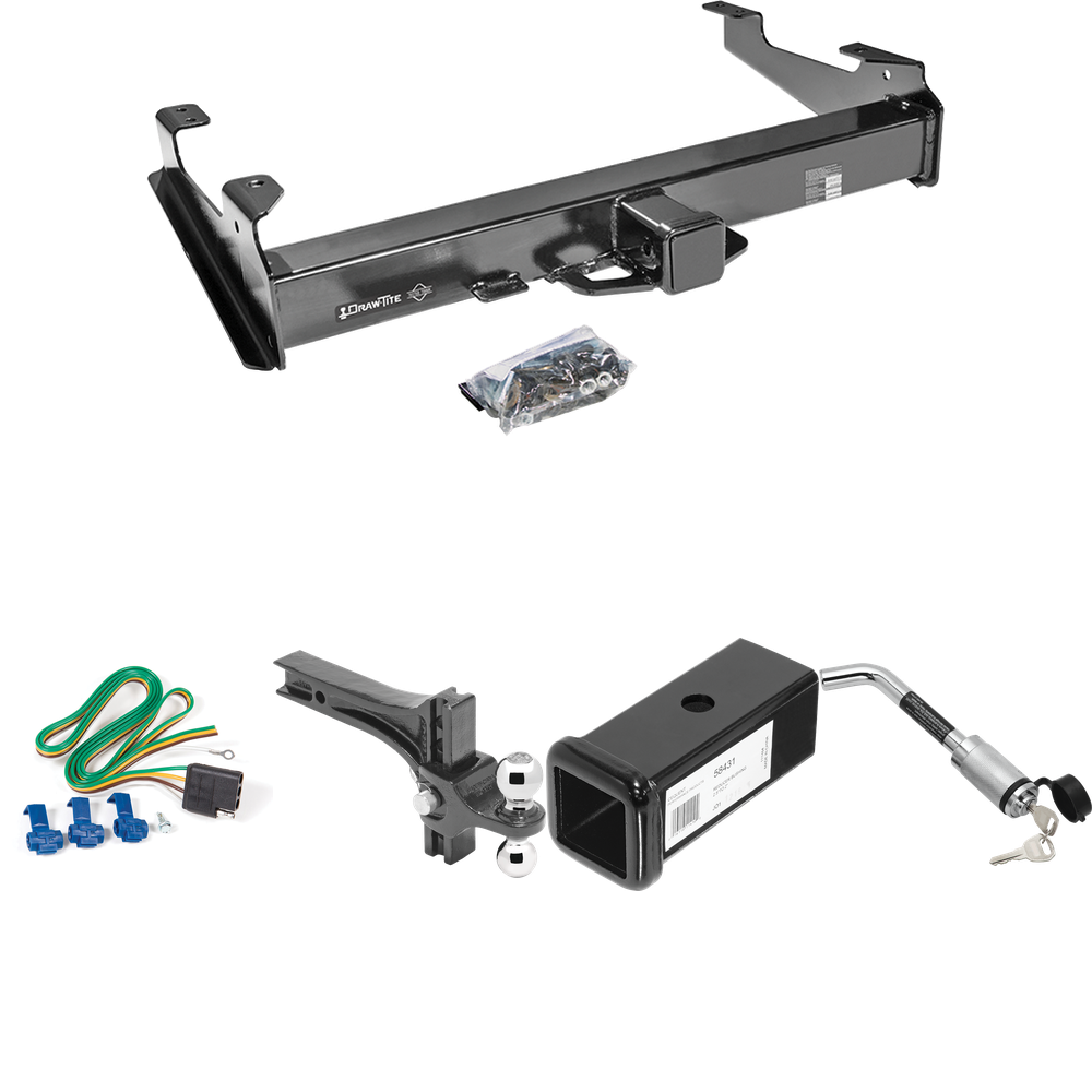 Fits 2001-2002 Chevrolet Silverado 2500 HD Trailer Hitch Tow PKG w/ 4-Flat Wiring Harness + 2-1/2" to 2" Adapter 7" Length + Adjustable Drop Rise Dual Ball Ball Mount 2" & 2-5/16" Trailer Balls + Hitch Lock (For 8 ft. Bed Models) By Draw-Tite