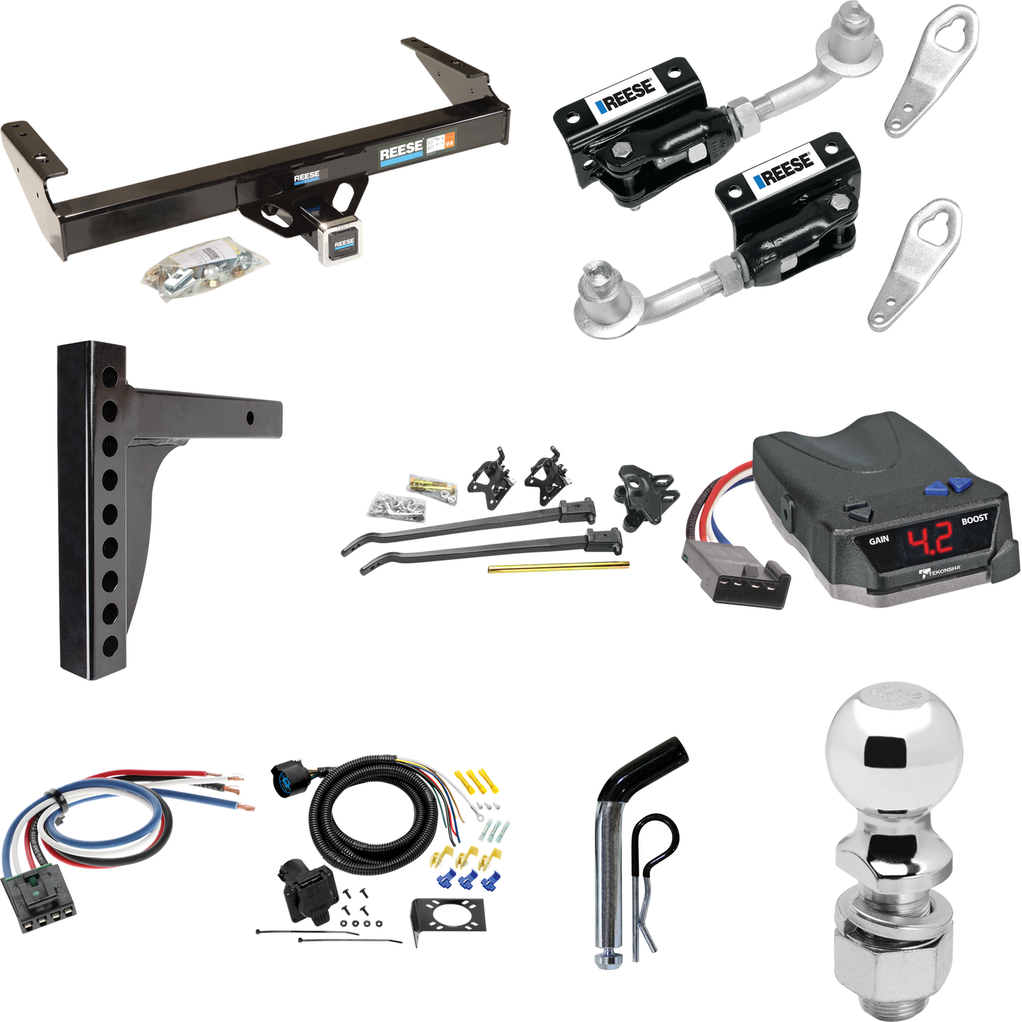 Fits 1992-1993 Ford F-150 Trailer Hitch Tow PKG w/ 12K Trunnion Bar Weight Distribution Hitch + Pin/Clip + Dual Cam Sway Control + 2-5/16" Ball + Tekonsha BRAKE-EVN Brake Control + Generic BC Wiring Adapter + 7-Way RV Wiring (For Flareside, w/Rear Fa