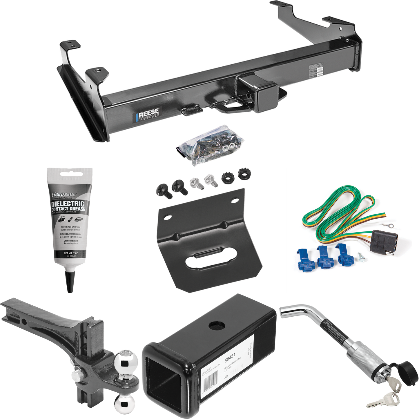 Fits 2001-2006 GMC Sierra 2500 HD Trailer Hitch Tow PKG w/ 4-Flat Wiring Harness + 2-1/2" to 2" Adapter 7" Length + Adjustable Drop Rise Dual Ball Ball Mount 2" & 2-5/16" Trailer Balls + Hitch Lock + Wiring Bracket + Electric Grease (For 8 ft. Bed Mo