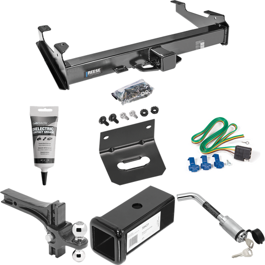 Fits 2001-2006 GMC Sierra 2500 HD Trailer Hitch Tow PKG w/ 4-Flat Wiring Harness + 2-1/2" to 2" Adapter 7" Length + Adjustable Drop Rise Dual Ball Ball Mount 2" & 2-5/16" Trailer Balls + Hitch Lock + Wiring Bracket + Electric Grease (For 8 ft. Bed Mo