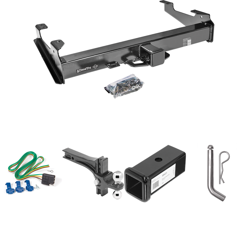 Fits 2001-2002 Chevrolet Silverado 2500 HD Trailer Hitch Tow PKG w/ 4-Flat Wiring Harness + 2-1/2" to 2" Adapter 7" Length + Adjustable Drop Rise Dual Ball Ball Mount 2" & 2-5/16" Trailer Balls + Pin/Clip (For 8 ft. Bed Models) By Draw-Tite