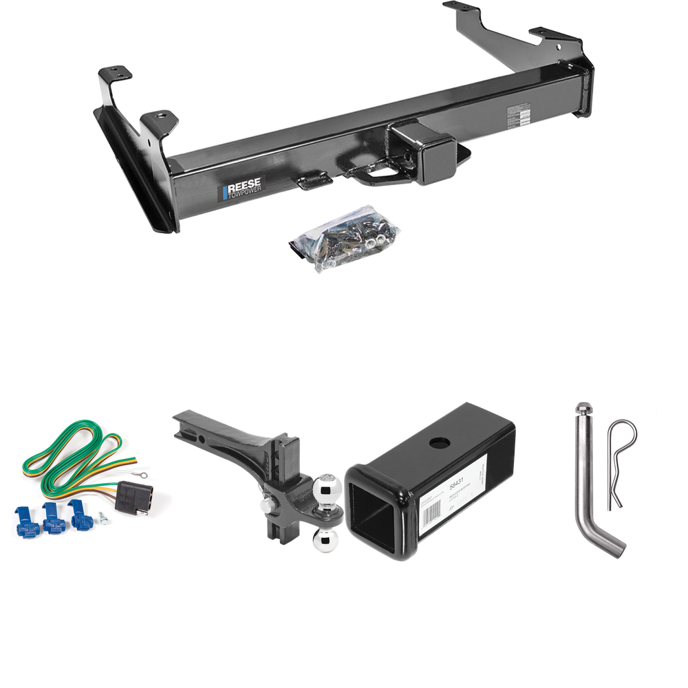 Fits 2001-2002 GMC Sierra 3500 Trailer Hitch Tow PKG w/ 4-Flat Wiring Harness + 2-1/2" to 2" Adapter 7" Length + Adjustable Drop Rise Dual Ball Ball Mount 2" & 2-5/16" Trailer Balls + Pin/Clip By Reese Towpower