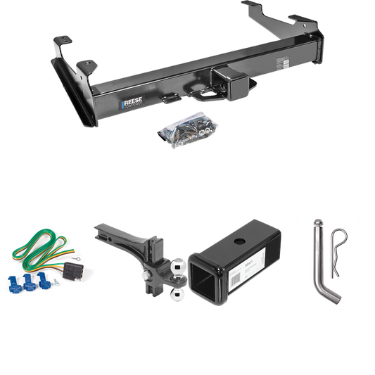 Fits 2001-2002 GMC Sierra 3500 Trailer Hitch Tow PKG w/ 4-Flat Wiring Harness + 2-1/2" to 2" Adapter 7" Length + Adjustable Drop Rise Dual Ball Ball Mount 2" & 2-5/16" Trailer Balls + Pin/Clip By Reese Towpower