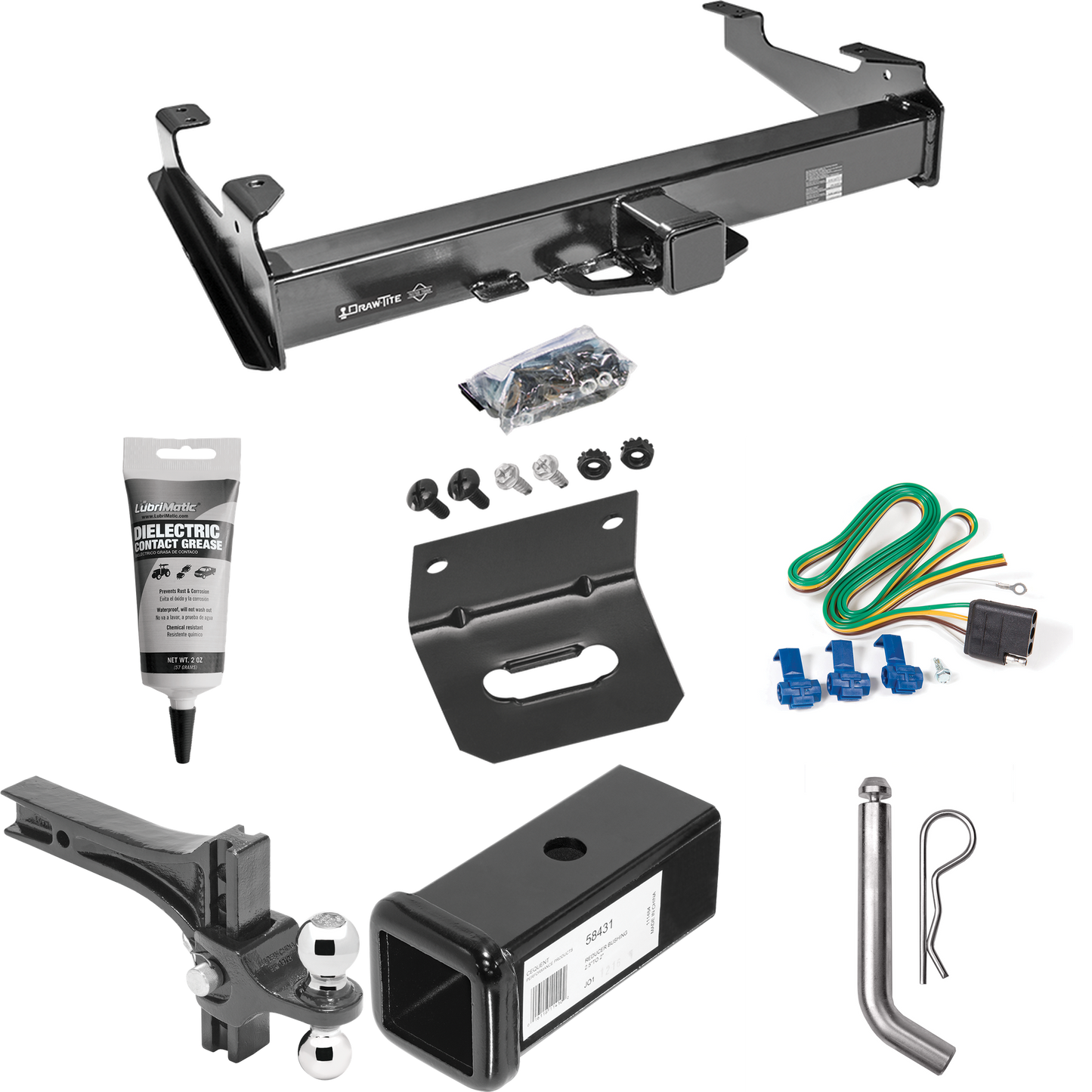 Fits 2003-2006 Chevrolet Silverado 3500 Trailer Hitch Tow PKG w/ 4-Flat Wiring Harness + 2-1/2" to 2" Adapter 7" Length + Adjustable Drop Rise Dual Ball Ball Mount 2" & 2-5/16" Trailer Balls + Pin/Clip + Wiring Bracket + Electric Grease (For (Classic