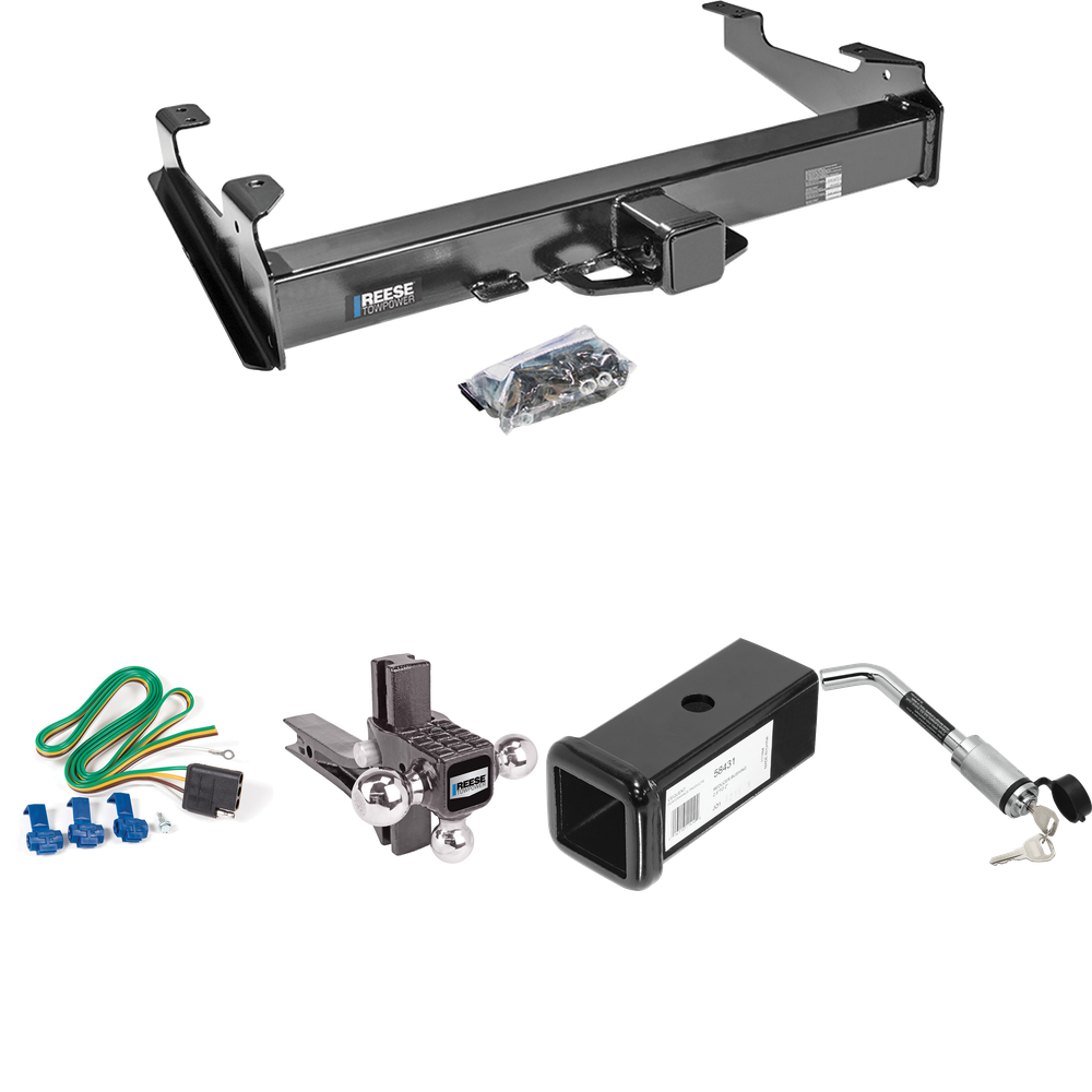 Fits 2007-2007 GMC Sierra 2500 HD Trailer Hitch Tow PKG w/ 4-Flat Wiring Harness + 2-1/2" to 2" Adapter 7" Length + Adjustable Drop Rise Triple Ball Ball Mount 1-7/8" & 2" & 2-5/16" Trailer Balls + Hitch Lock (For (Classic), 8 ft. Bed Models) By Rees