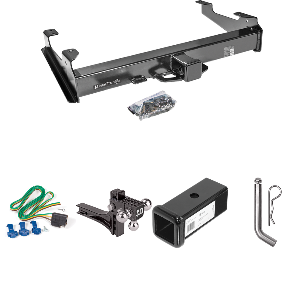 Fits 2001-2002 GMC Sierra 3500 Trailer Hitch Tow PKG w/ 4-Flat Wiring Harness + 2-1/2" to 2" Adapter 7" Length + Adjustable Drop Rise Triple Ball Ball Mount 1-7/8" & 2" & 2-5/16" Trailer Balls + Pin/Clip By Draw-Tite