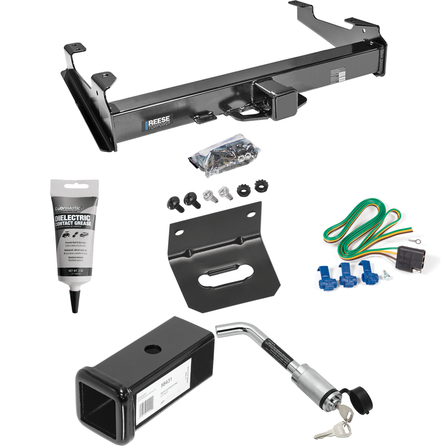 Fits 2003-2007 GMC Sierra 3500 Trailer Hitch Tow PKG w/ 4-Flat Wiring Harness + 2-1/2" to 2" Adapter 7" Length + Hitch Lock + Wiring Bracket + Electric Grease (For (Classic) Models) By Reese Towpower