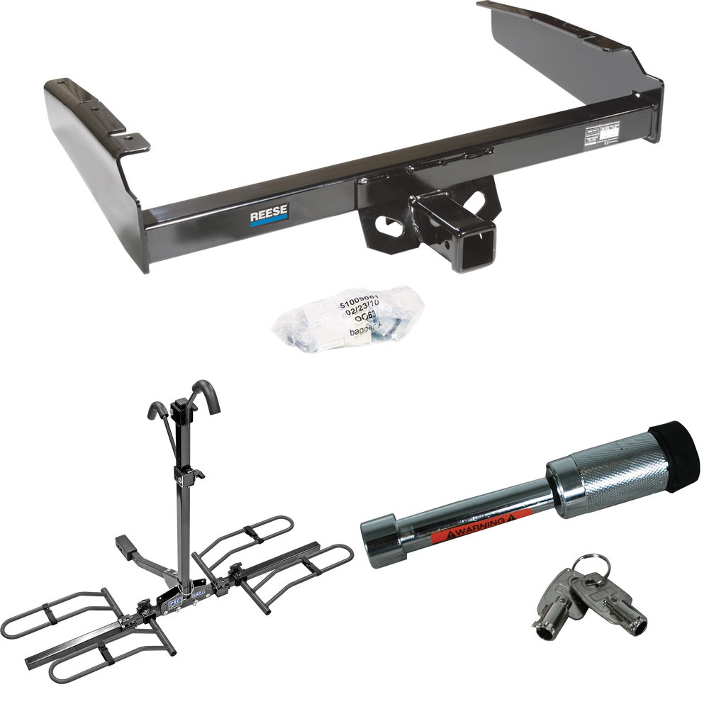 Fits 1980-1986 Ford F-250 Trailer Hitch Tow PKG w/ 2 Bike Plaform Style Carrier Rack + Hitch Lock (Excludes: w/Custom Fascia Models) By Reese Towpower