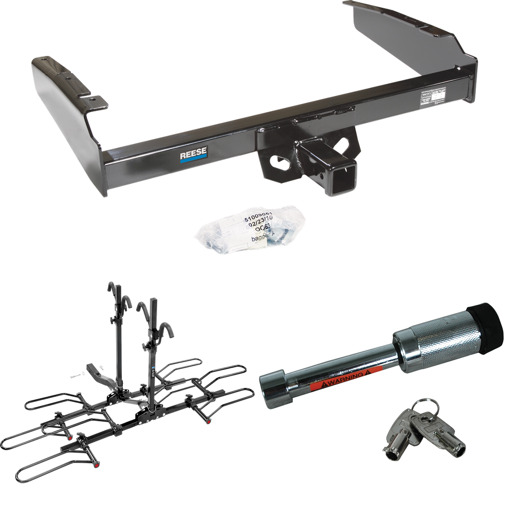 Fits 1980-1986 Ford F-250 Trailer Hitch Tow PKG w/ 4 Bike Plaform Style Carrier Rack + Hitch Lock (Excludes: w/Custom Fascia Models) By Reese Towpower