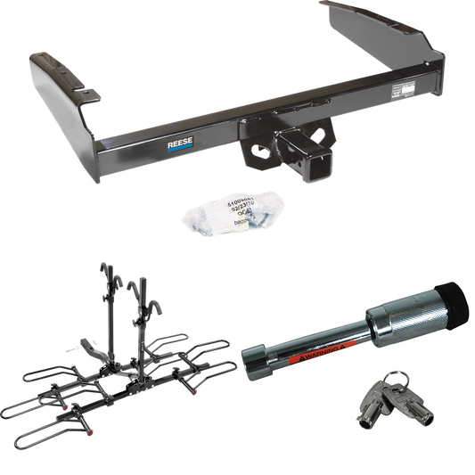 Fits 1980-1986 Ford F-250 Trailer Hitch Tow PKG w/ 4 Bike Plaform Style Carrier Rack + Hitch Lock (Excludes: w/Custom Fascia Models) By Reese Towpower