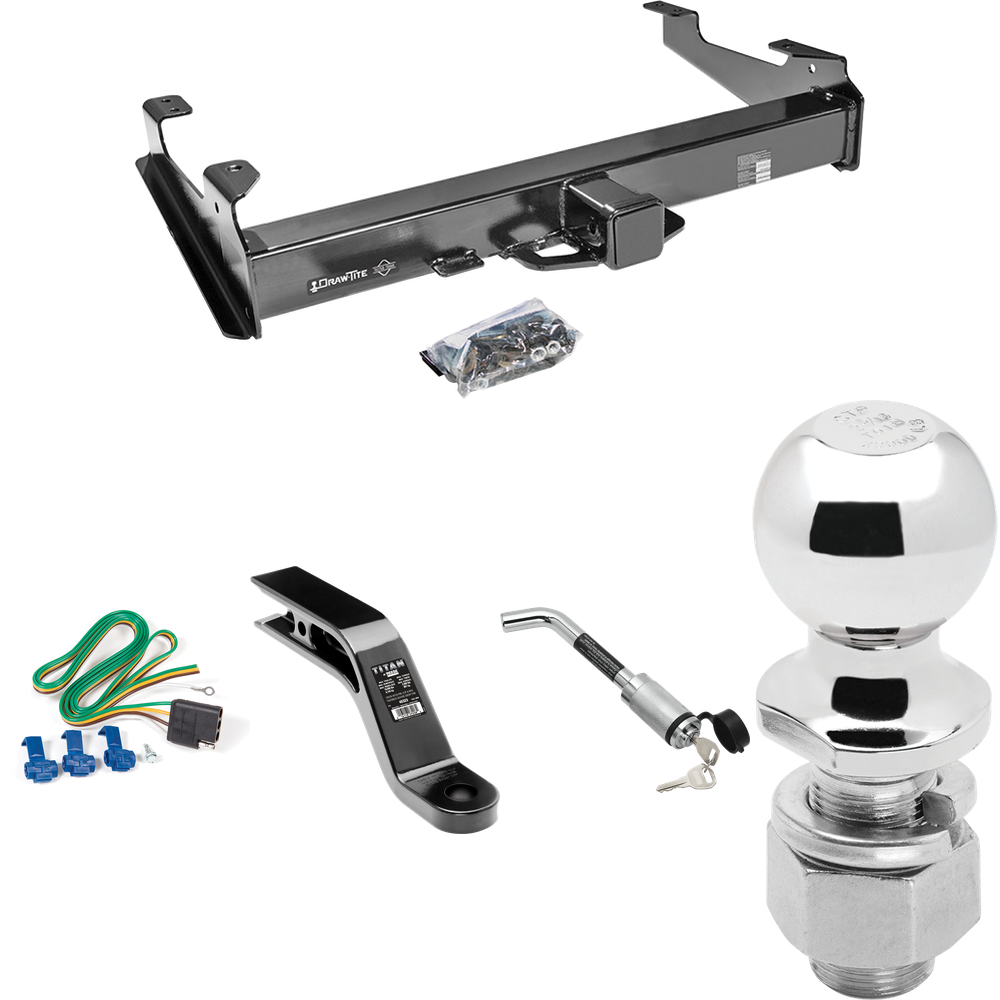 Fits 2001-2002 GMC Sierra 3500 Trailer Hitch Tow PKG w/ 4-Flat Wiring Harness + Ball Mount w/ 5" Drop + Hitch Lock + 2-5/16" Ball By Draw-Tite