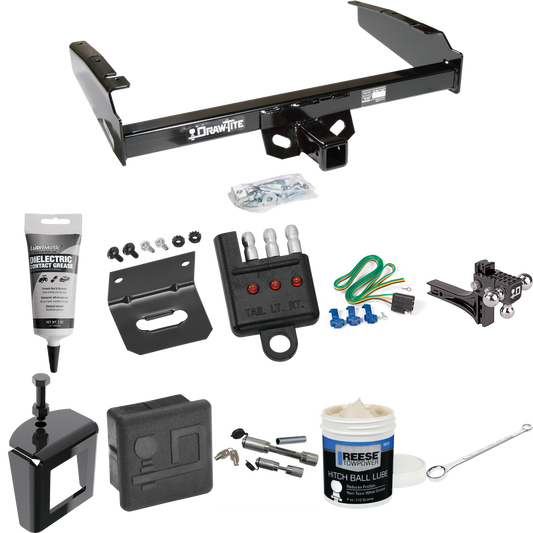 Fits 1980-1986 Ford F-250 Trailer Hitch Tow PKG w/ 4-Flat Wiring + Adjustable Drop Rise Triple Ball Ball Mount 1-7/8" & 2" & 2-5/16" Trailer Balls + Wiring Bracket + Hitch Cover + Dual Hitch & Coupler Locks + Wiring Tester + Ball Lube + Electric Grea