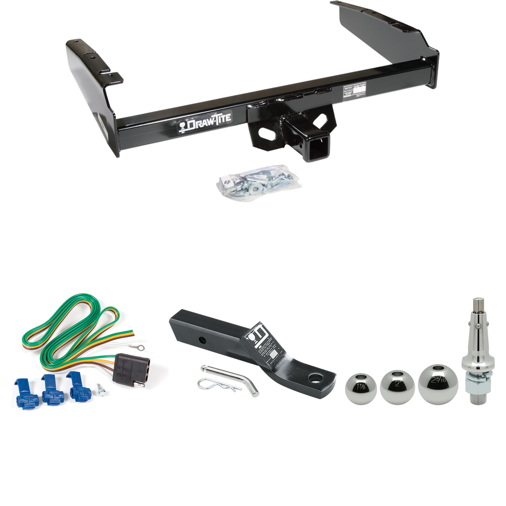 Fits 1980-1986 Ford F-350 Trailer Hitch Tow PKG w/ 4-Flat Wiring + Ball Mount w/ 2" Drop + Interchangeable Ball 1-7/8" & 2" & 2-5/16" (Excludes: w/Custom Fascia Models) By Draw-Tite