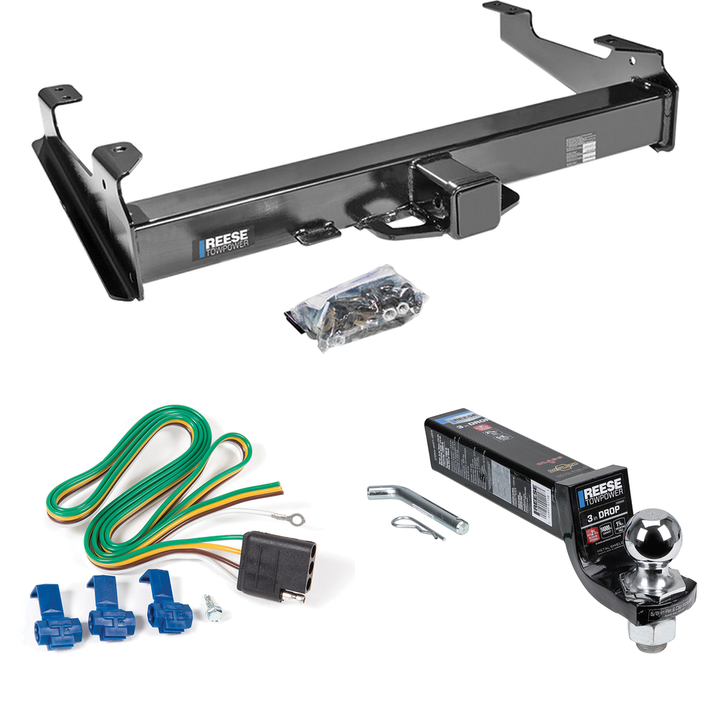 Fits 2003-2007 GMC Sierra 3500 Trailer Hitch Tow PKG w/ 4-Flat Wiring Harness + Interlock Ball Mount Starter Kit 3" Drop w/ 2" Ball (For (Classic) Models) By Reese Towpower