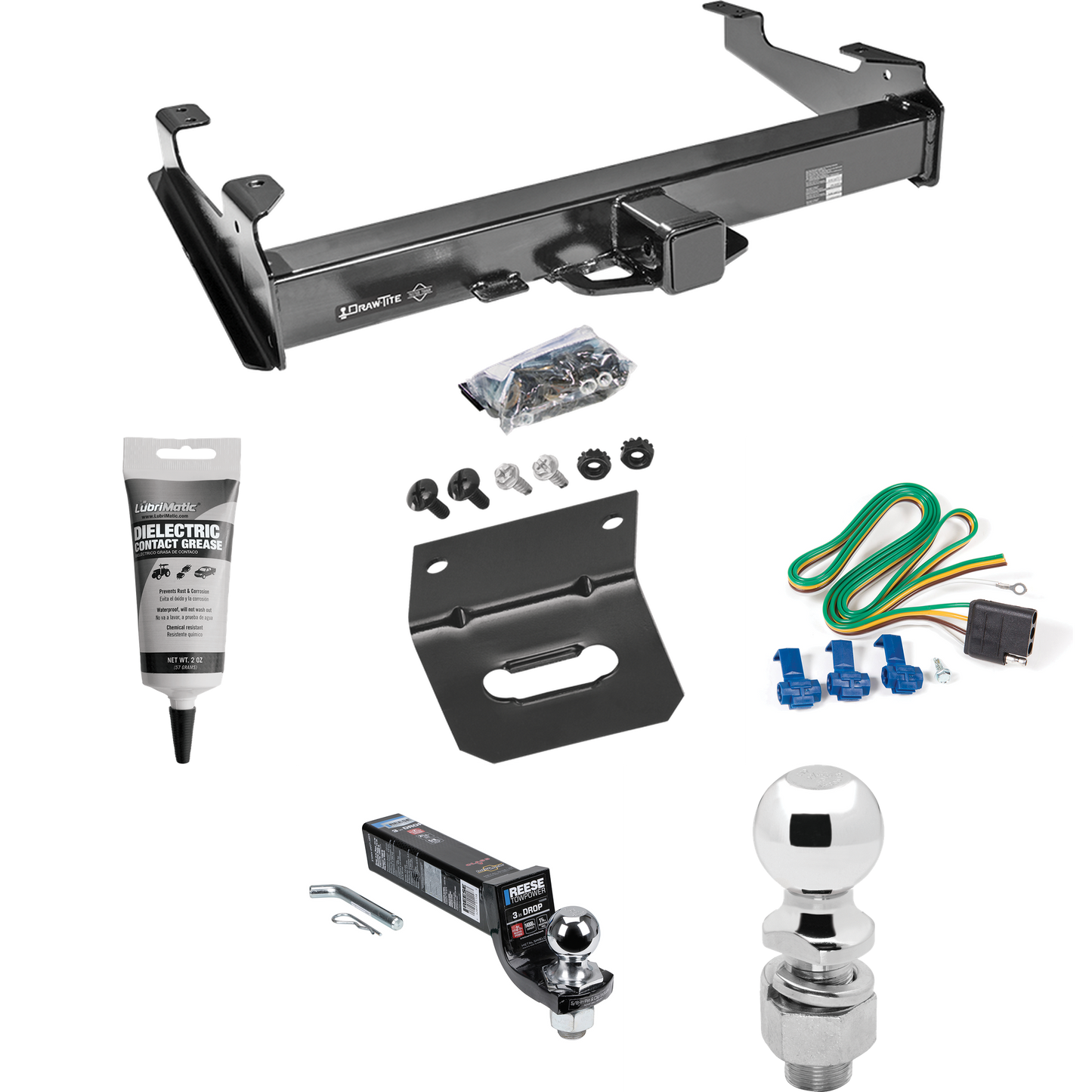 Fits 2003-2007 GMC Sierra 3500 Trailer Hitch Tow PKG w/ 4-Flat Wiring Harness + Interlock Ball Mount Starter Kit 3" Drop w/ 2" Ball + 2-5/16" Ball + Wiring Bracket + Electric Grease (For (Classic) Models) By Draw-Tite