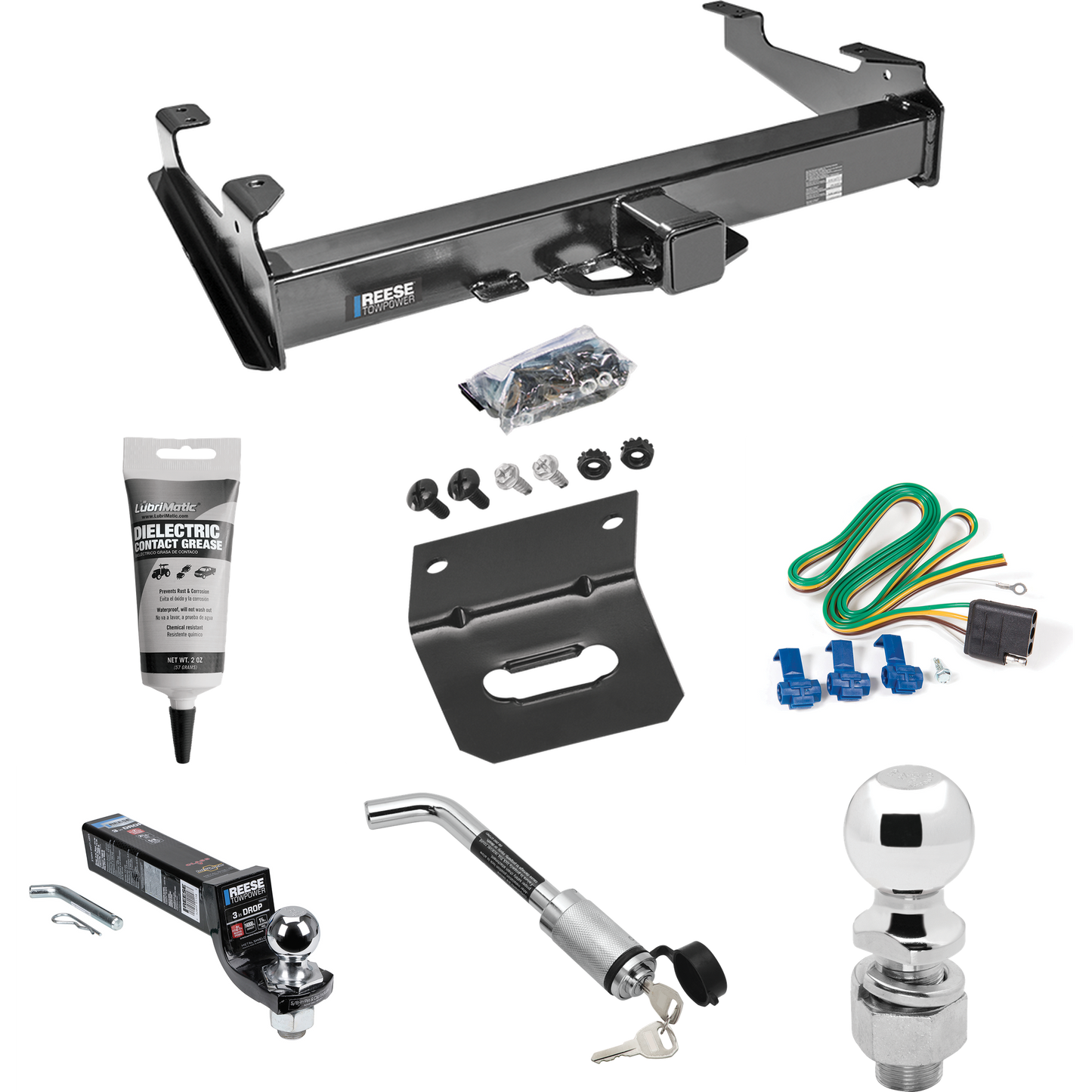 Fits 2001-2002 Chevrolet Silverado 3500 Trailer Hitch Tow PKG w/ 4-Flat Wiring Harness + Interlock Ball Mount Starter Kit 3" Drop w/ 2" Ball + Hitch Lock + 2-5/16" Ball + Hitch Lock + Wiring Bracket + Electric Grease By Reese Towpower