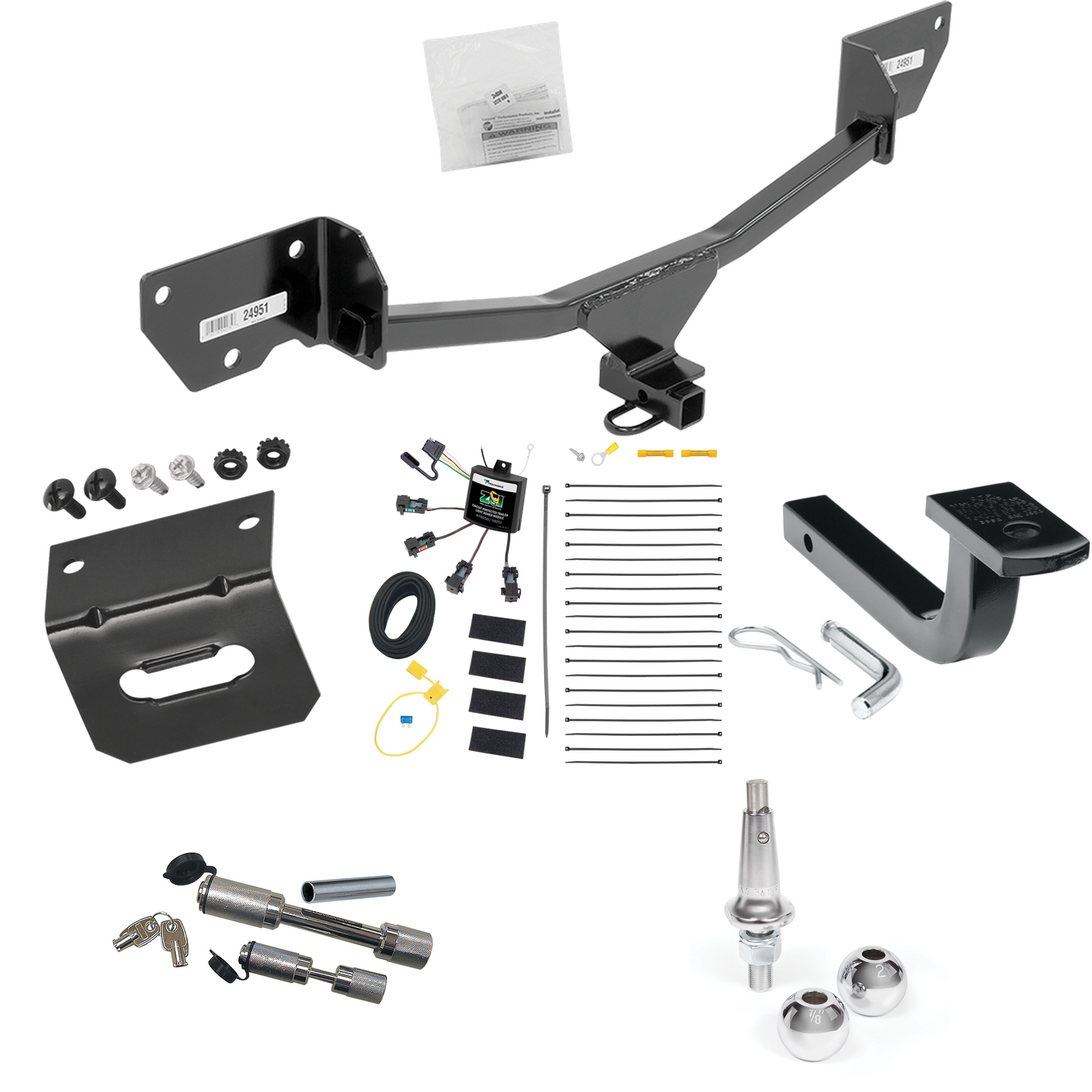 Fits 2017-2019 Chevrolet Cruze Trailer Hitch Tow PKG w/ 4-Flat Zero Contact "No Splice" Wiring Harness + Draw-Bar + Interchangeable 1-7/8" & 2" Balls + Wiring Bracket + Dual Hitch & Coupler Locks (For Hatchback Models) By Draw-Tite