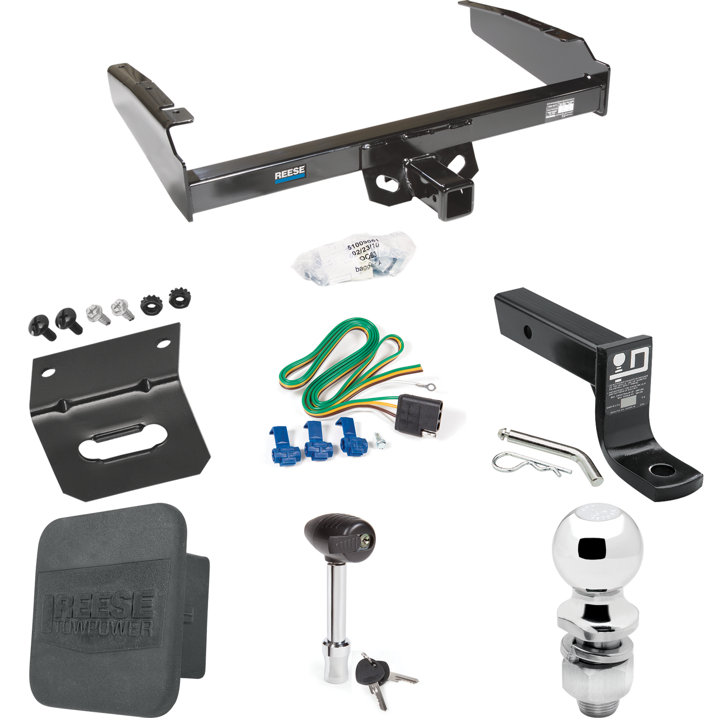 Fits 1980-1986 Ford F-350 Trailer Hitch Tow PKG w/ 4-Flat Wiring + Ball Mount w/ 4" Drop + 2" Ball + Wiring Bracket + Hitch Lock + Hitch Cover (Excludes: w/Custom Fascia Models) By Reese Towpower