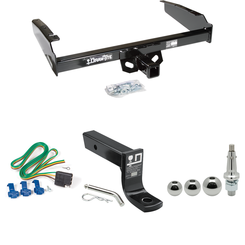 Fits 1980-1986 Ford F-250 Trailer Hitch Tow PKG w/ 4-Flat Wiring + Ball Mount w/ 4" Drop + Interchangeable Ball 1-7/8" & 2" & 2-5/16" (Excludes: w/Custom Fascia Models) By Draw-Tite