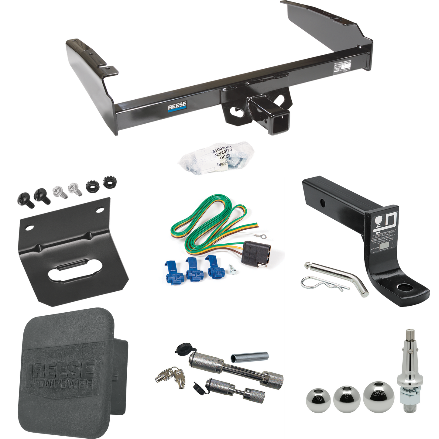 Fits 1980-1986 Ford F-250 Trailer Hitch Tow PKG w/ 4-Flat Wiring + Ball Mount w/ 4" Drop + Interchangeable Ball 1-7/8" & 2" & 2-5/16" + Wiring Bracket + Dual Hitch & Coupler Locks + Hitch Cover (Excludes: w/Custom Fascia Models) By Reese Towpower