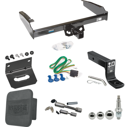 Fits 1980-1986 Ford F-250 Trailer Hitch Tow PKG w/ 4-Flat Wiring + Ball Mount w/ 4" Drop + Interchangeable Ball 1-7/8" & 2" & 2-5/16" + Wiring Bracket + Dual Hitch & Coupler Locks + Hitch Cover (Excludes: w/Custom Fascia Models) By Reese Towpower