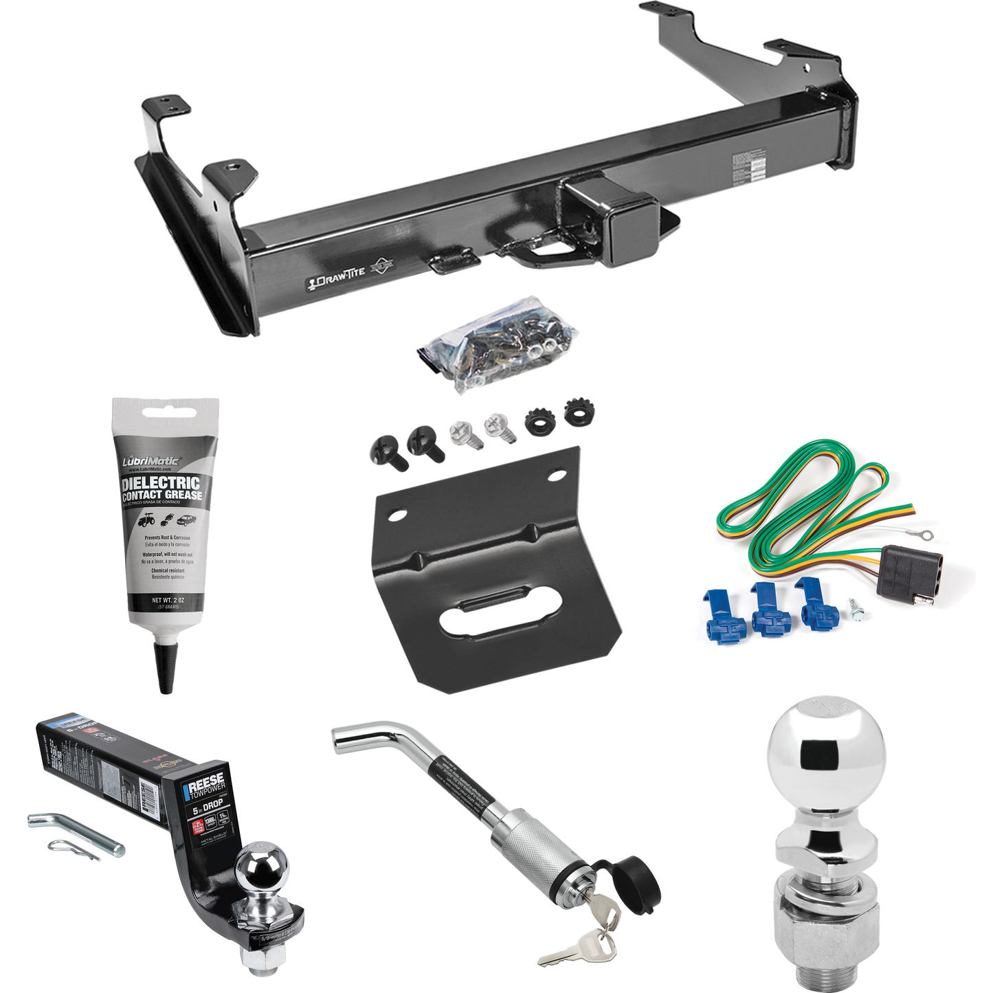 Fits 2003-2007 Chevrolet Silverado 2500 HD Trailer Hitch Tow PKG w/ 4-Flat Wiring Harness + Interlock Ball Mount Starter Kit 5" Drop w/ 2" Ball + Hitch Lock + 2-5/16" Ball + Hitch Lock + Wiring Bracket + Electric Grease (For (Classic), 8 ft. Bed Mode