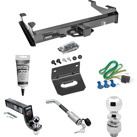 Fits 2001-2002 GMC Sierra 3500 Trailer Hitch Tow PKG w/ 4-Flat Wiring Harness + Interlock Ball Mount Starter Kit 5" Drop w/ 2" Ball + Hitch Lock + 2-5/16" Ball + Hitch Lock + Wiring Bracket + Electric Grease By Reese Towpower