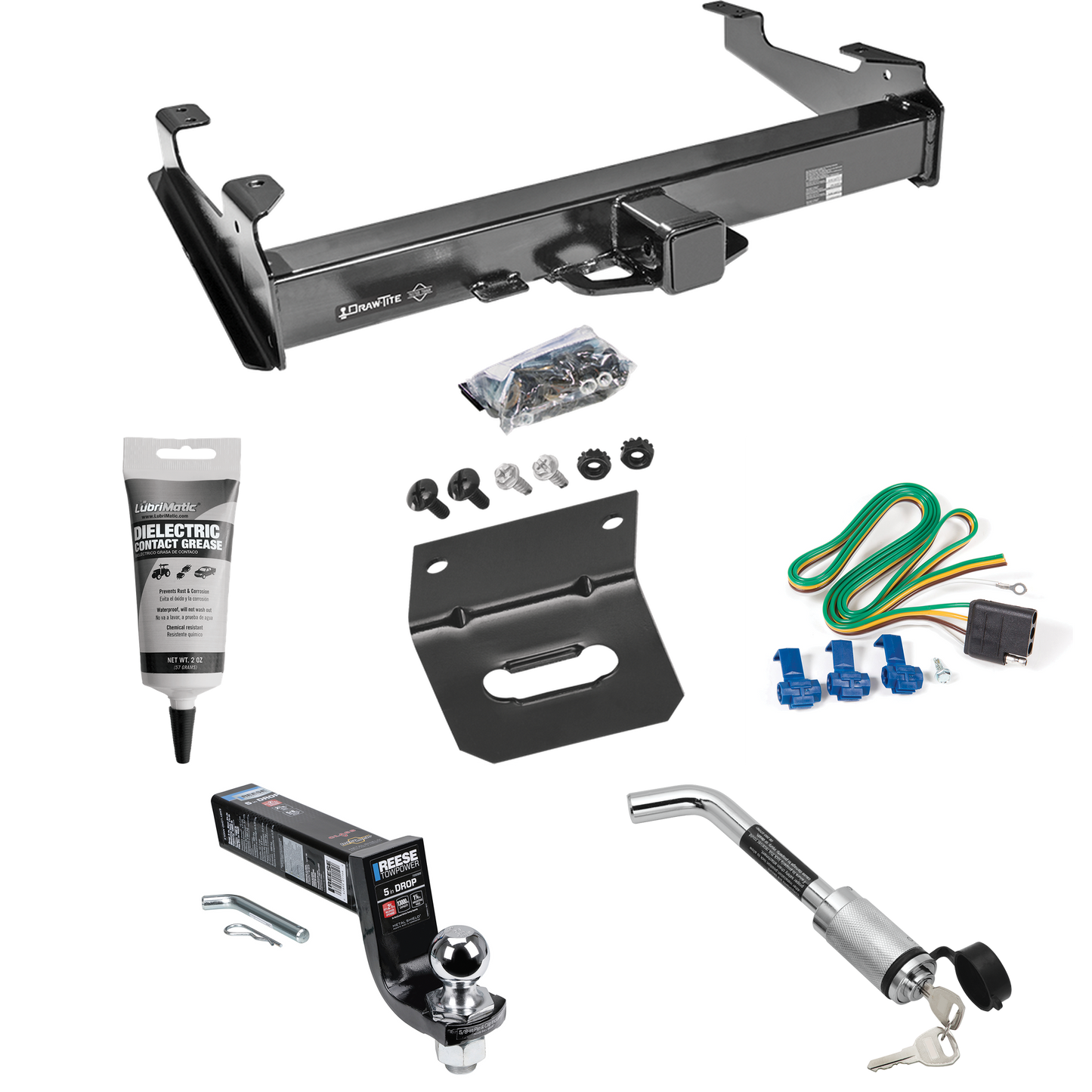 Fits 2007-2007 GMC Sierra 2500 HD Trailer Hitch Tow PKG w/ 4-Flat Wiring Harness + Interlock Ball Mount Starter Kit 5" Drop w/ 2" Ball + Hitch Lock + Wiring Bracket + Electric Grease (For (Classic), 8 ft. Bed Models) By Draw-Tite