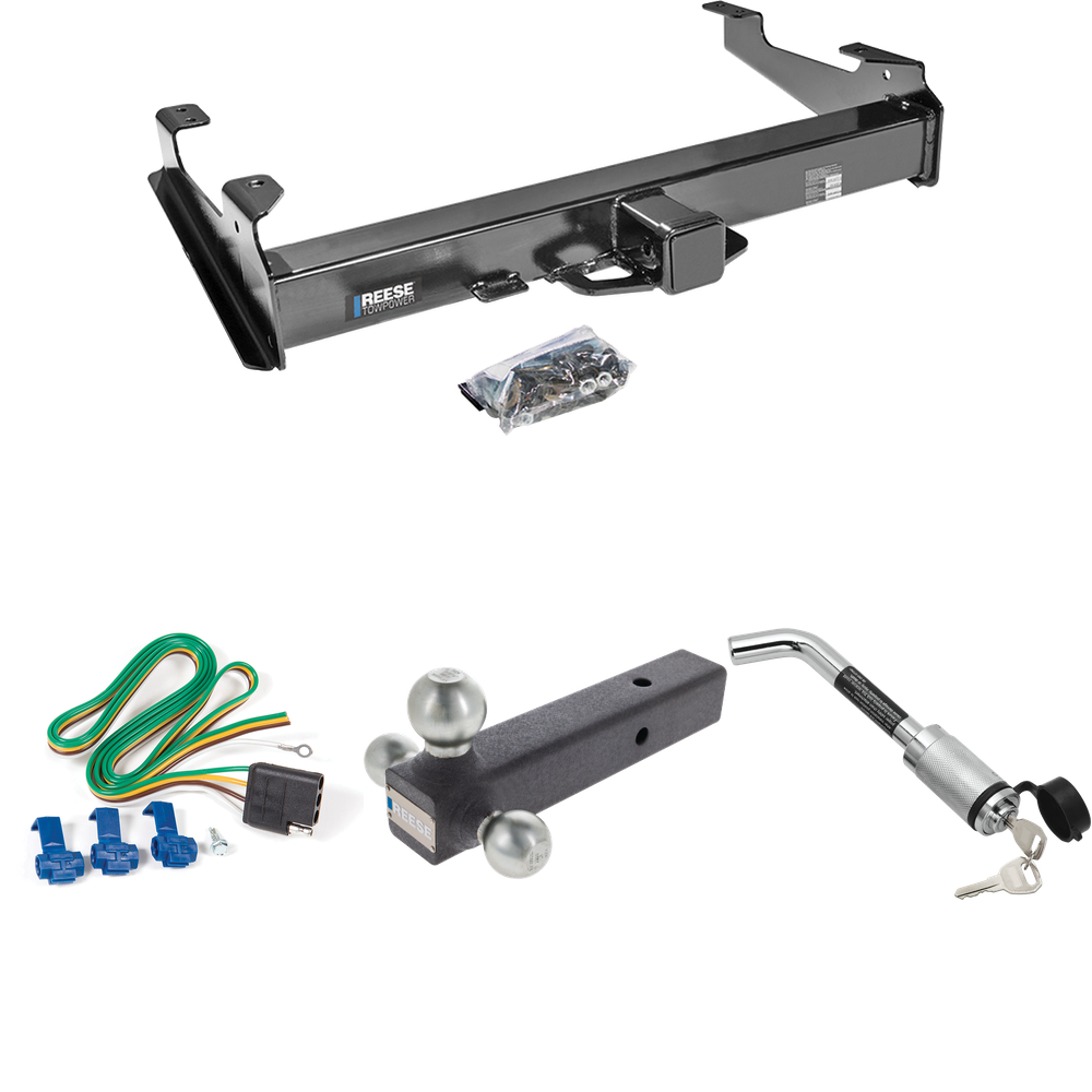 Fits 2001-2002 Chevrolet Silverado 3500 Trailer Hitch Tow PKG w/ 4-Flat Wiring Harness + Triple Ball Ball Mount 1-7/8" & 2" & 2-5/16" Trailer Balls + Hitch Lock By Reese Towpower