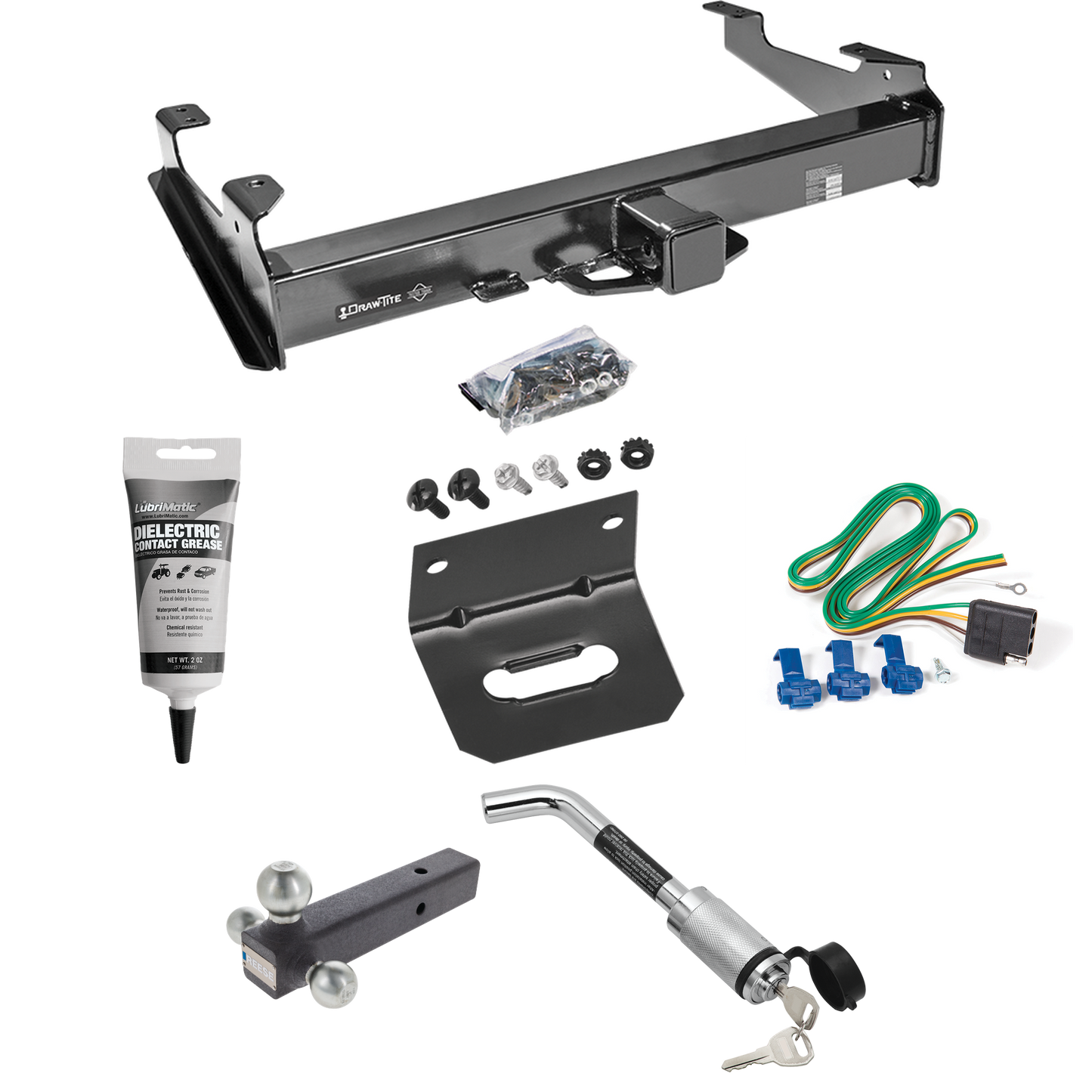 Fits 2001-2002 GMC Sierra 3500 Trailer Hitch Tow PKG w/ 4-Flat Wiring Harness + Triple Ball Ball Mount 1-7/8" & 2" & 2-5/16" Trailer Balls + Hitch Lock + Wiring Bracket + Electric Grease By Draw-Tite