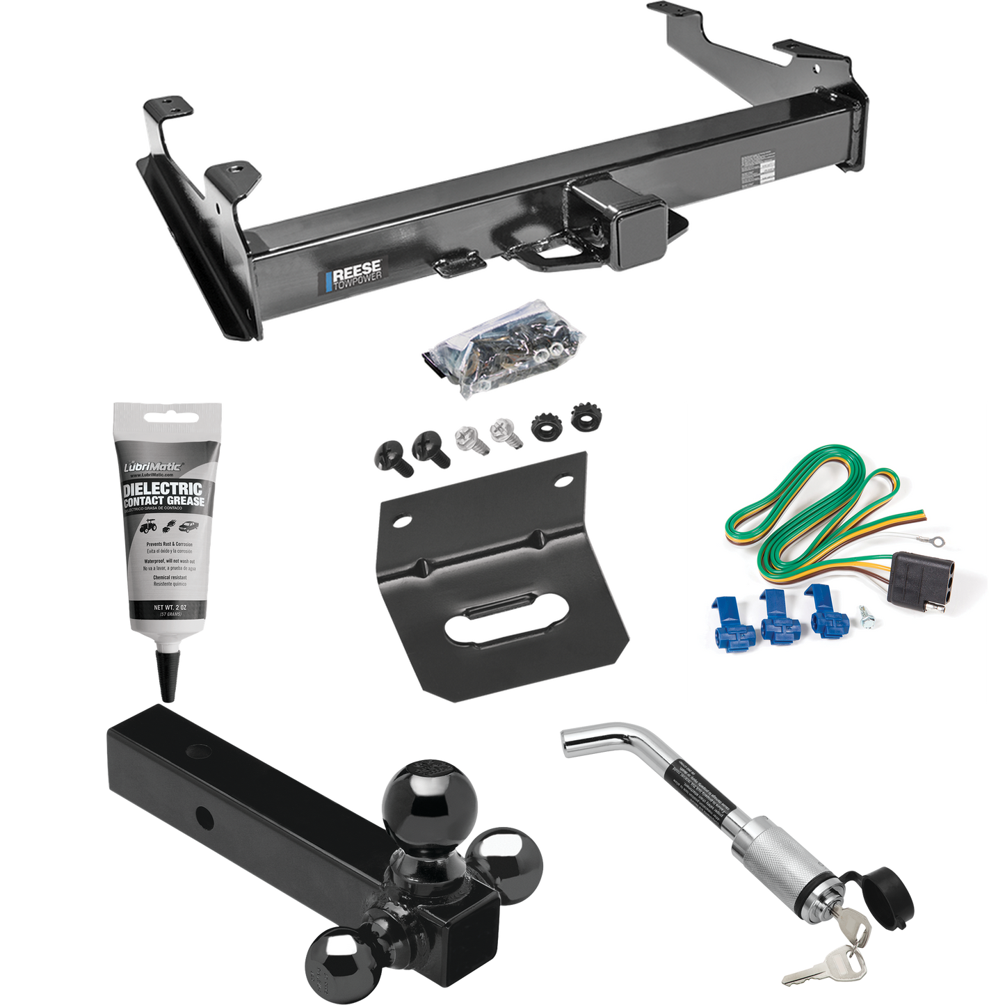 Fits 2001-2002 Chevrolet Silverado 3500 Trailer Hitch Tow PKG w/ 4-Flat Wiring Harness + Triple Ball Ball Mount 1-7/8" & 2" & 2-5/16" Trailer Balls + Hitch Lock + Wiring Bracket + Electric Grease By Reese Towpower