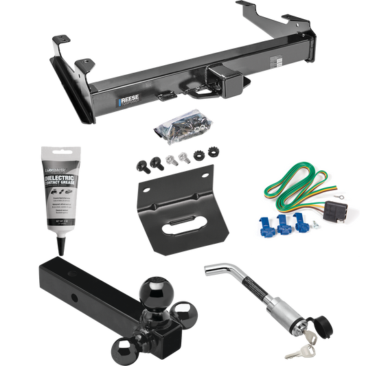 Fits 2001-2002 Chevrolet Silverado 3500 Trailer Hitch Tow PKG w/ 4-Flat Wiring Harness + Triple Ball Ball Mount 1-7/8" & 2" & 2-5/16" Trailer Balls + Hitch Lock + Wiring Bracket + Electric Grease By Reese Towpower